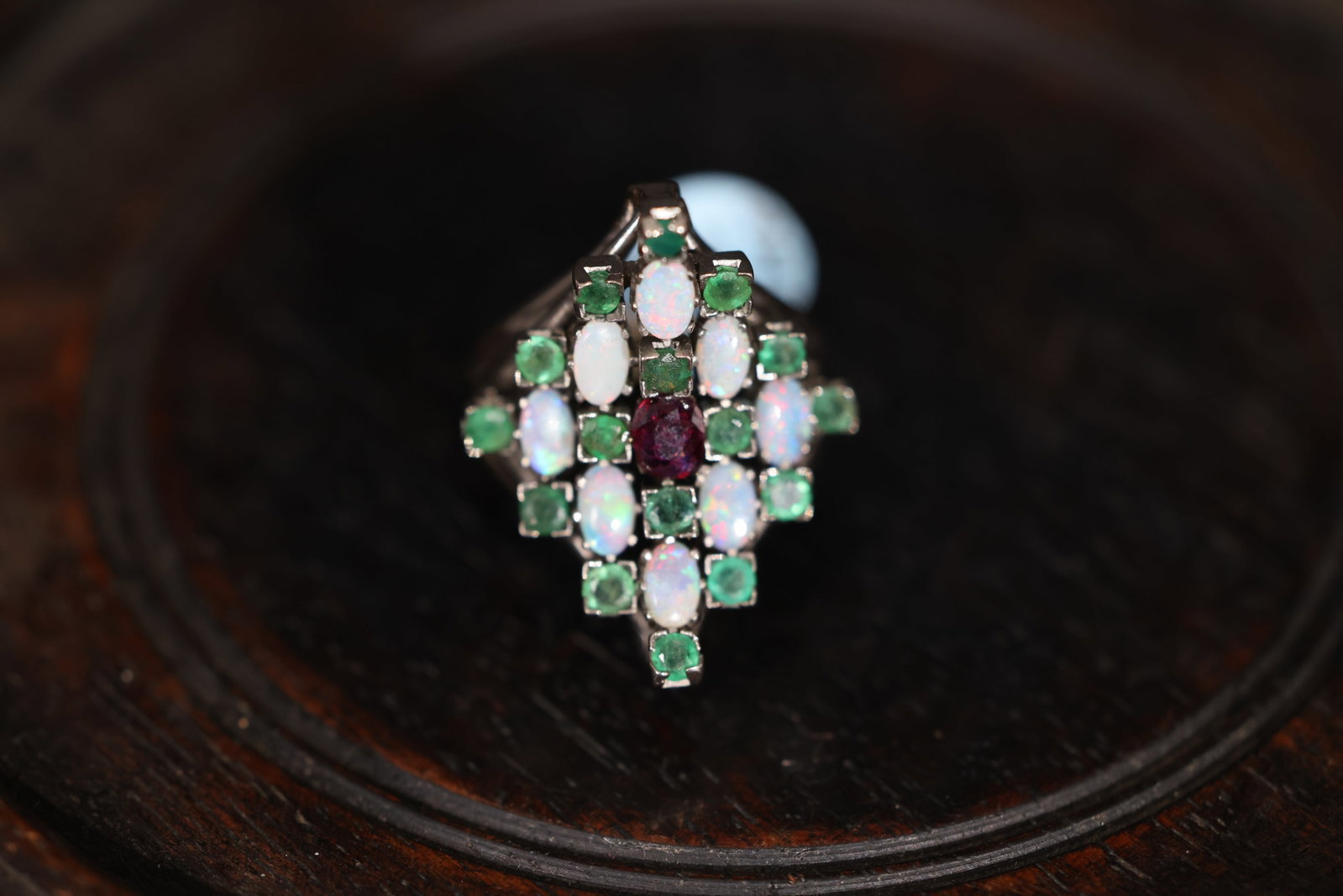 Antique Platinum Lozenge-Shaped Multi-Gem Ring with Opal, Emerald & Ruby