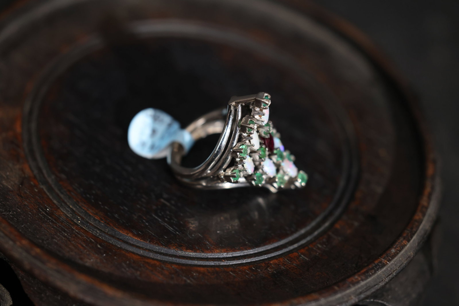Antique Platinum Lozenge-Shaped Multi-Gem Ring with Opal, Emerald & Ruby - 2
