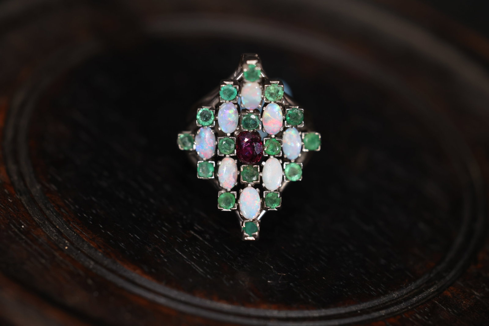Antique Platinum Lozenge-Shaped Multi-Gem Ring with Opal, Emerald & Ruby - 4