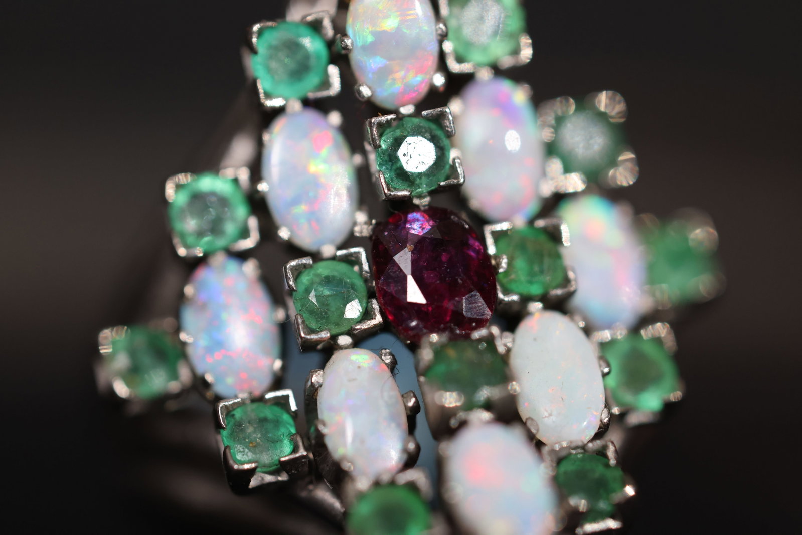 Antique Platinum Lozenge-Shaped Multi-Gem Ring with Opal, Emerald & Ruby - 5
