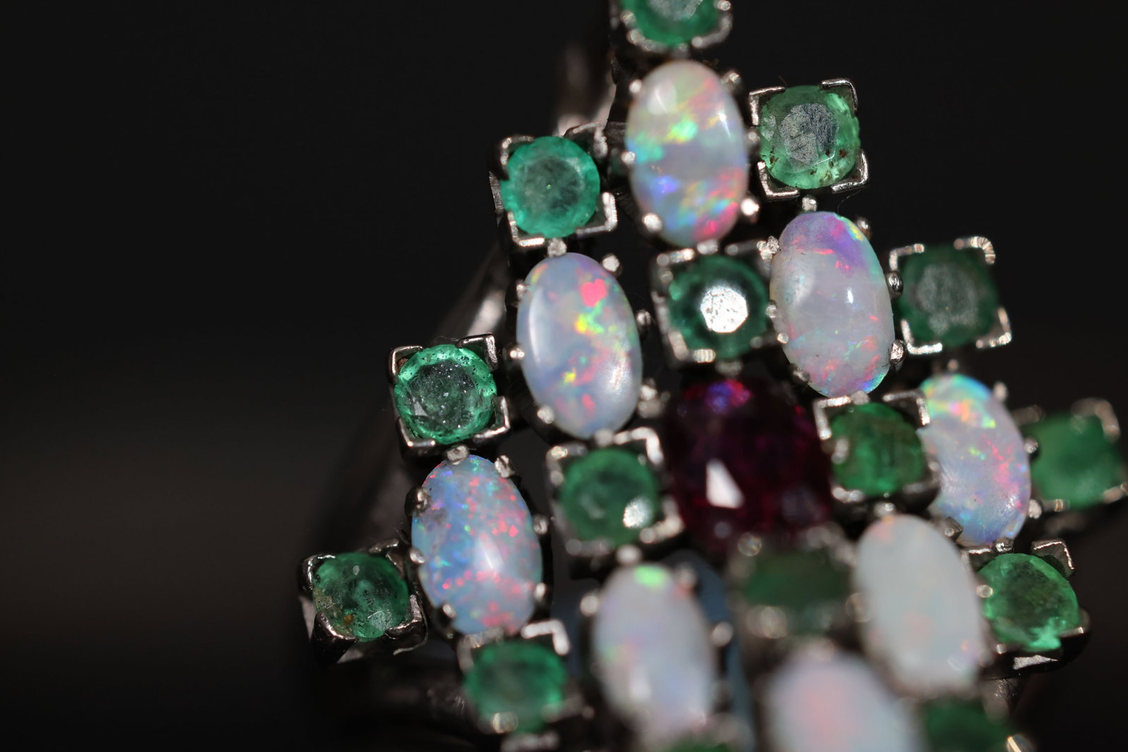 Antique Platinum Lozenge-Shaped Multi-Gem Ring with Opal, Emerald & Ruby - 6