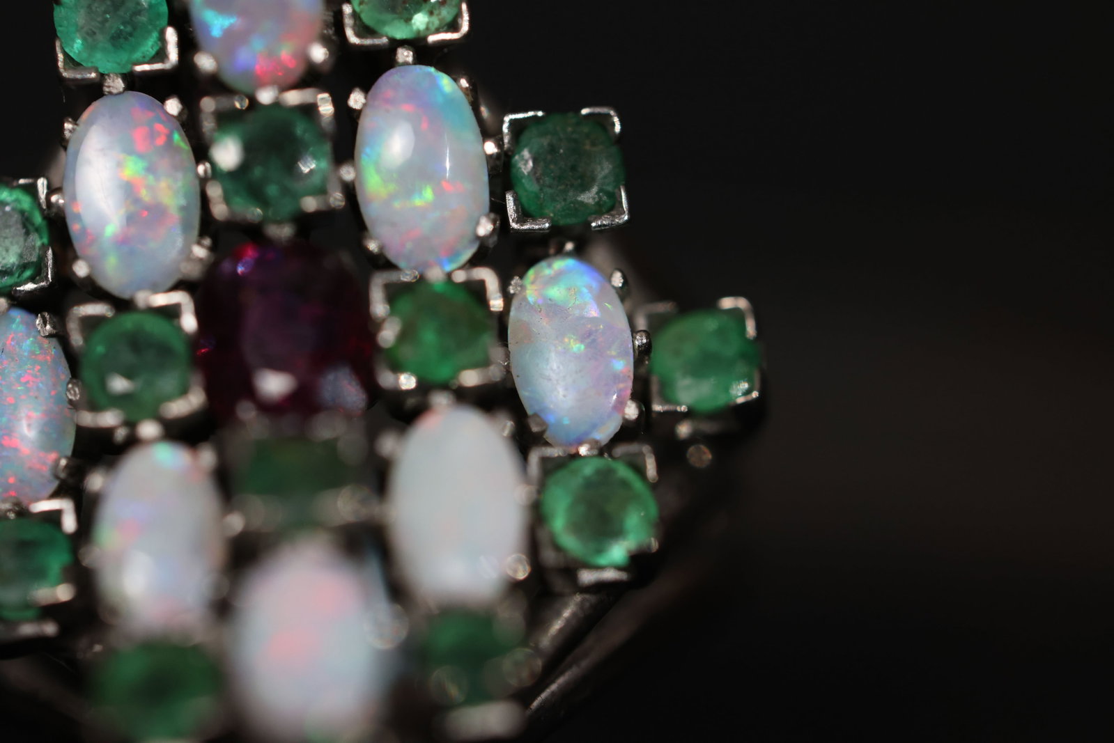 Antique Platinum Lozenge-Shaped Multi-Gem Ring with Opal, Emerald & Ruby - 7
