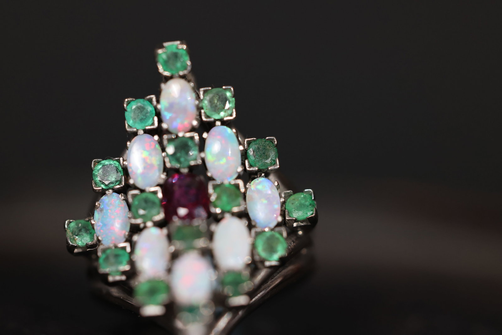 Antique Platinum Lozenge-Shaped Multi-Gem Ring with Opal, Emerald & Ruby - 8