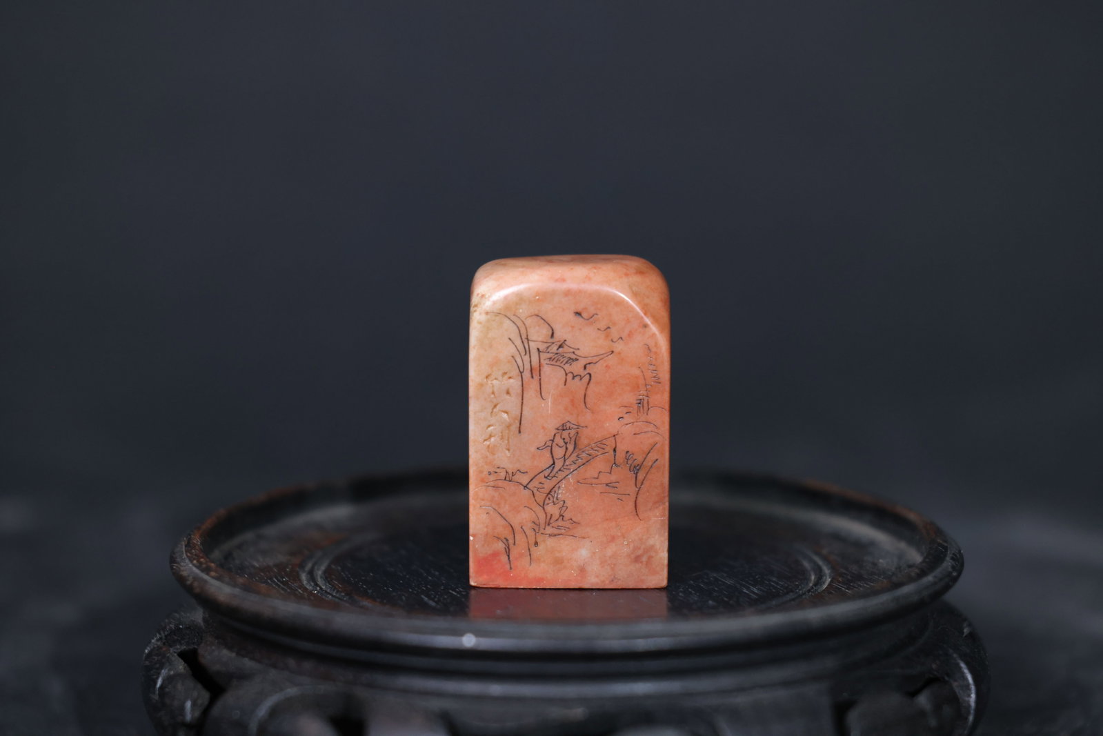 Delicately Carved Shoushan Stone Leisure Seal with Landscape Motif: The seal is intact, with natural stone veining and minor wear to the edges and corners consistent with age; no cracks. H 4.5cm W 3cm