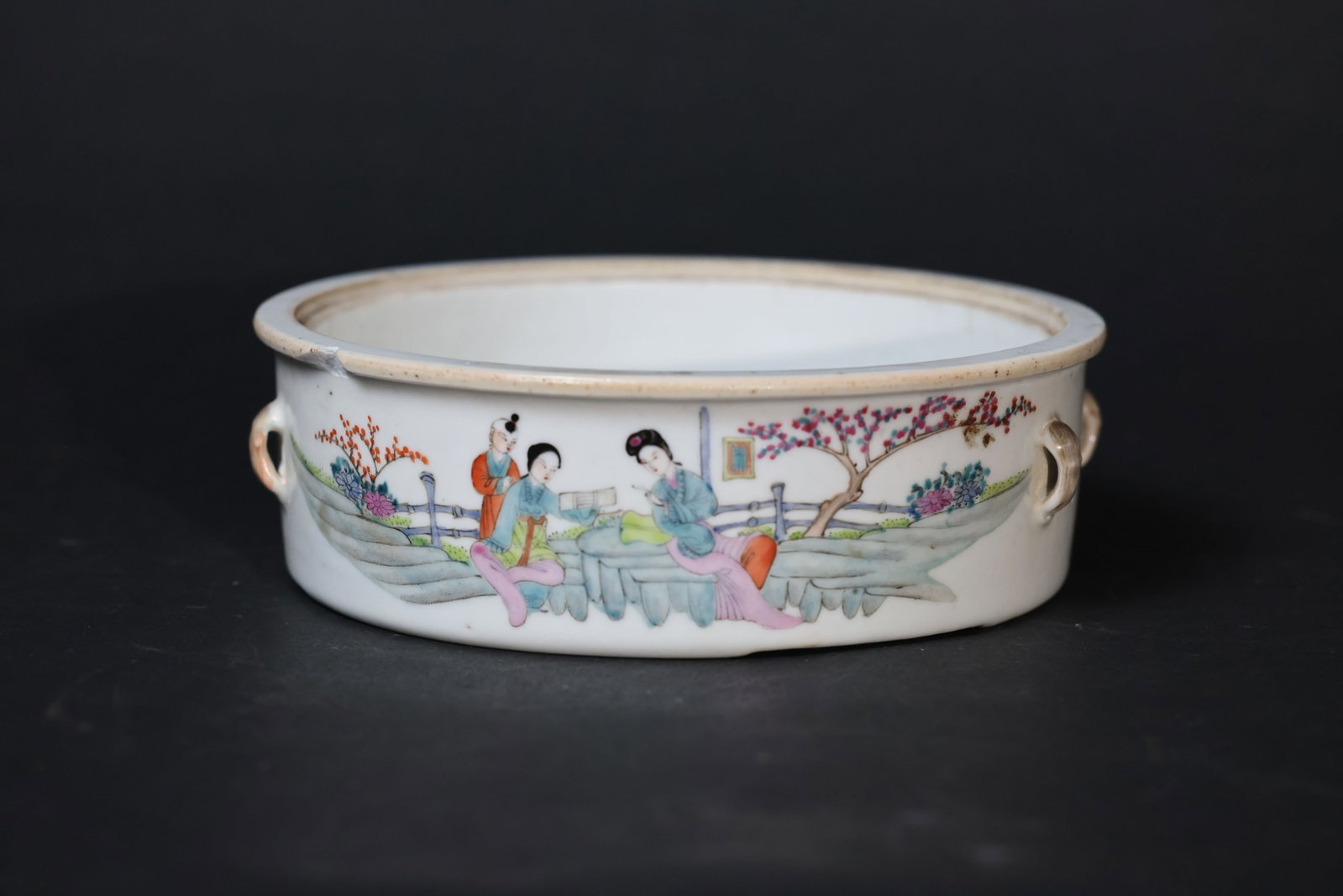 Republic Period Famille Rose "Courtyard Ladies" Four-Handled Yipin Pot, painted by Xu Zixiang