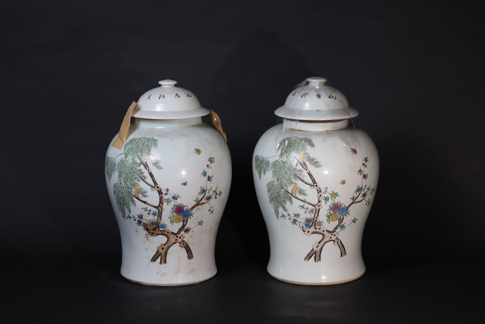 Pair of Qing Guangxu Famille Rose 'General' Jars with Willow, Swallow and Flower-and-Bird Decoration (1 of 13)
