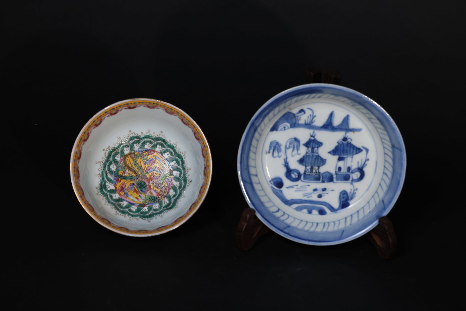 Mid-Late Qing Famille Rose Bowl with Auspicious Beasts & Cloud Scrolls; Blue & White Pavilion Dish: The rim of the bowl with mythical beast design shows minor gilt loss, a small nick, and some localized enamel wear; overall condition is good. The landscape dish has a small chip to the rim and signs 