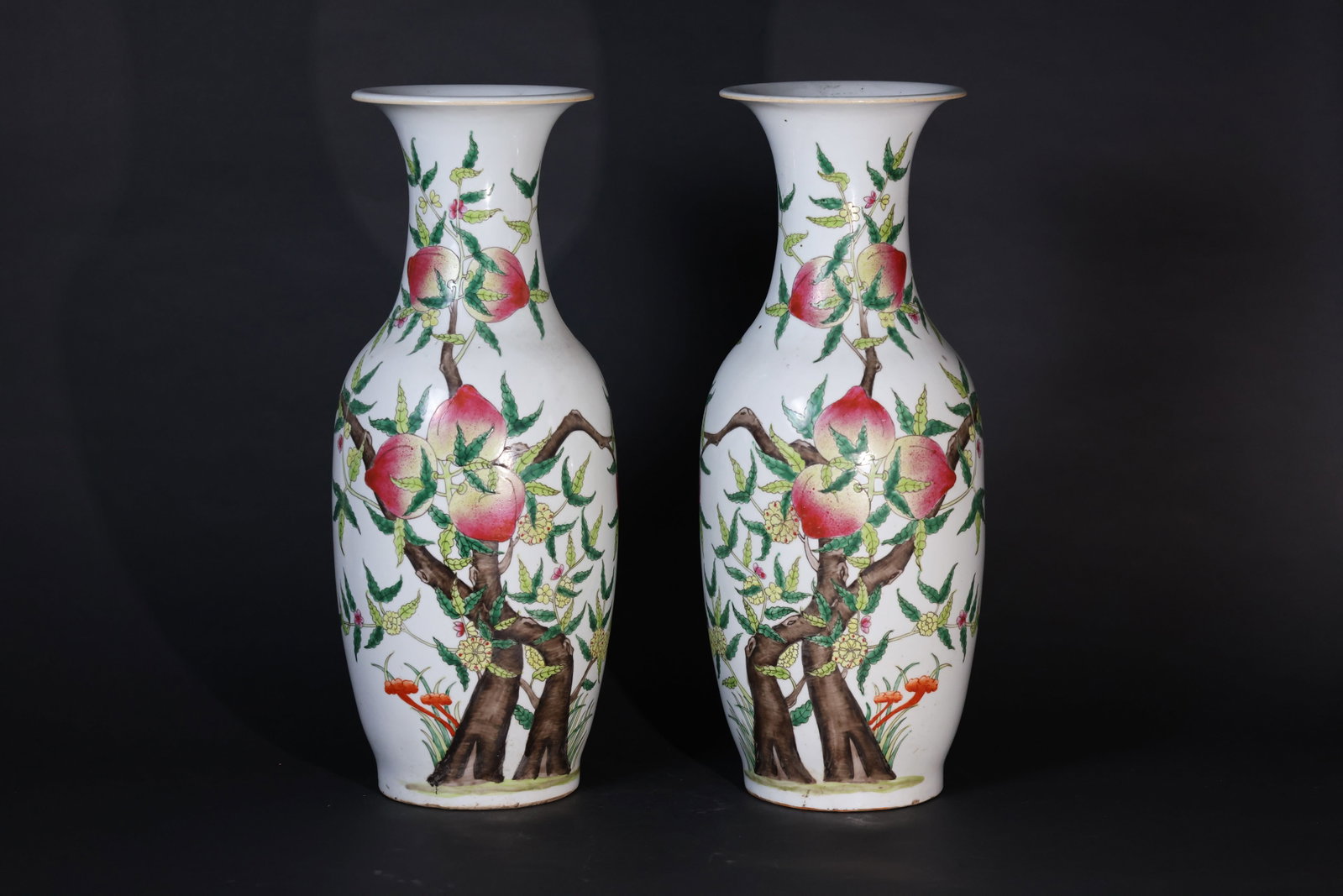 Large Qing Dynasty (Guangxu) Famille Rose "Nine Peaches" Fushou Vase: A pair, both in overall good condition with minor wear to the rims from use, some small areas of surface soiling, and slight rubbing to the enamels in places. No cracks or major chips. Well preserved 