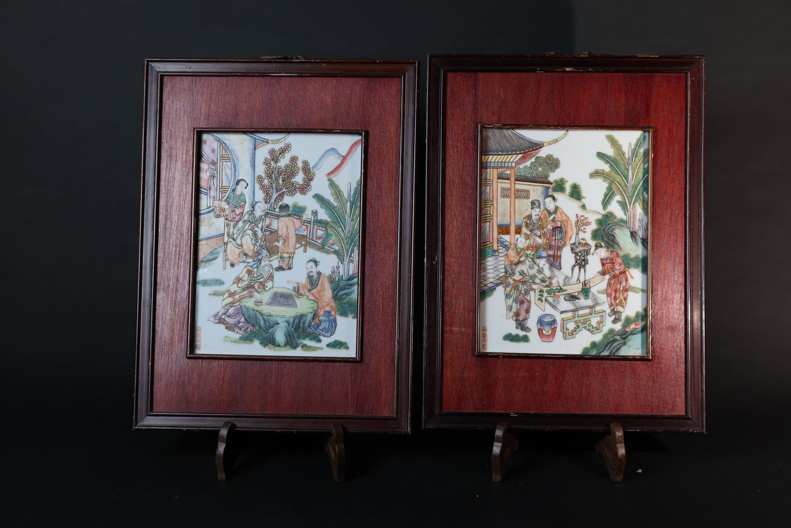 Pair of Republic of China Famille Rose Porcelain Panels Depicting Literati with Qin and Chess (1 of 10)