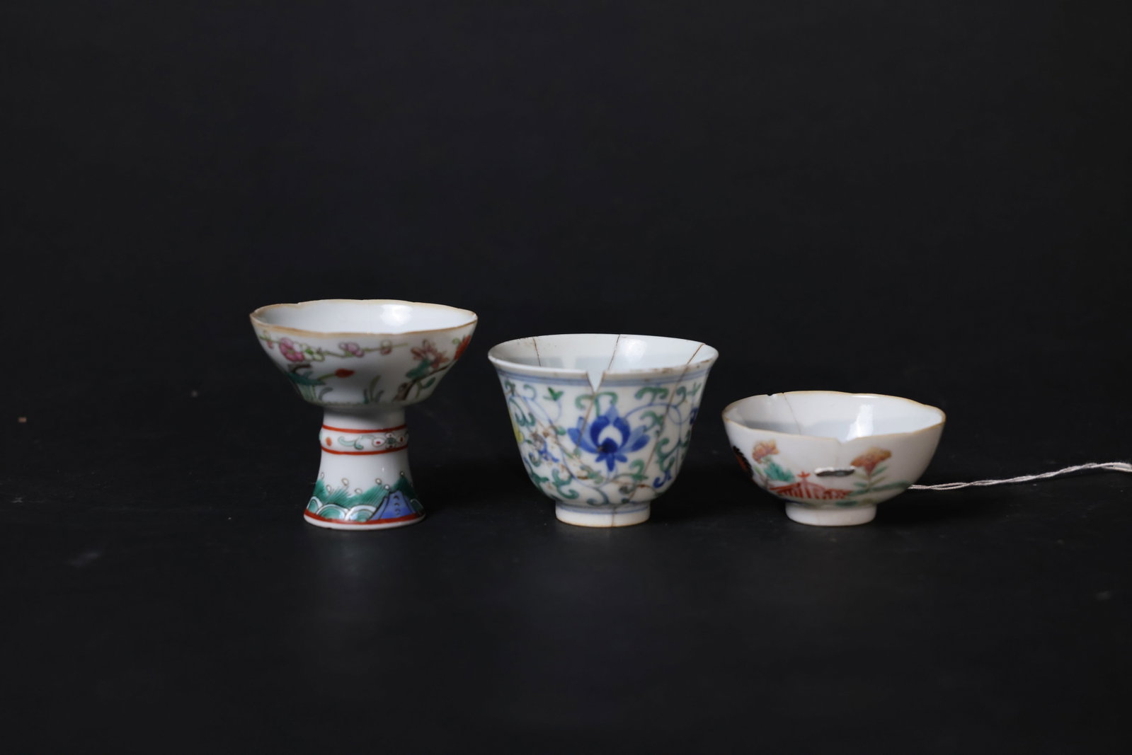Late Qing: Famille-rose high-foot cup; Doucai entwined-lotus cup; Famille-rose everted-rim cup (1 of 15)
