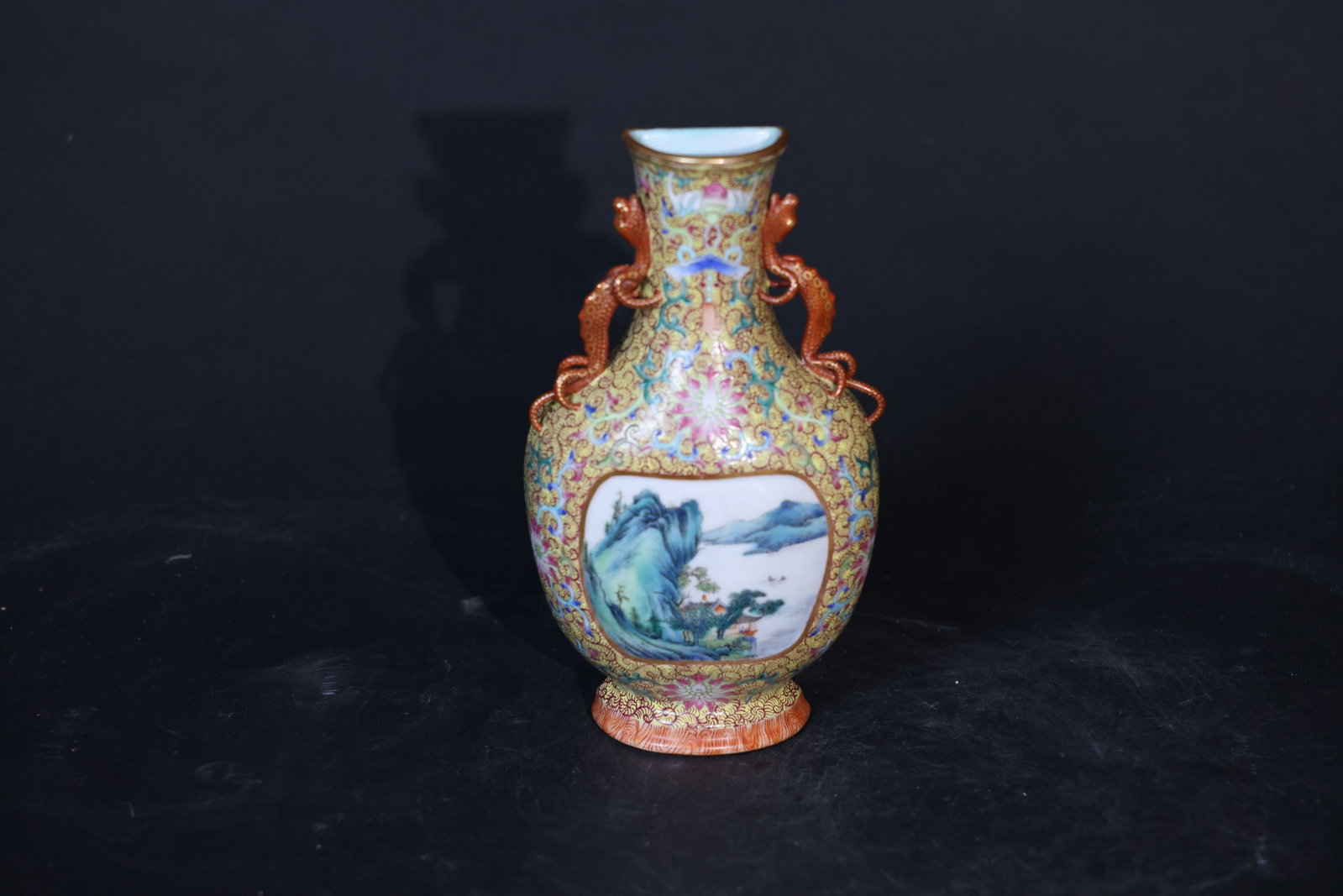 Chinese Famille Rose Yellow-Ground Panelled Landscape Bottle Vase with Chilong Handles: Overall condition excellent; enamels well preserved with minor gilt wear; no cracks or chips. H 20cm W 10.5cm