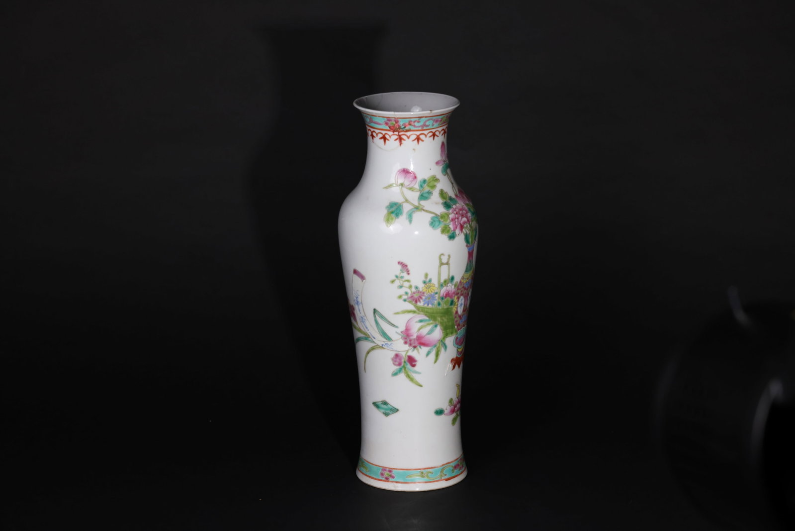 Late Qing–Republican Famille Rose 'Bogu' (Scholar's-Objects) Motif Guanyin-Form Vase: The rim is severely cracked and split, featuring multiple long stress lines; the rim edge is shattered and has been repaired with adhesive. The painted decoration on the body shows abrasion and pigmen