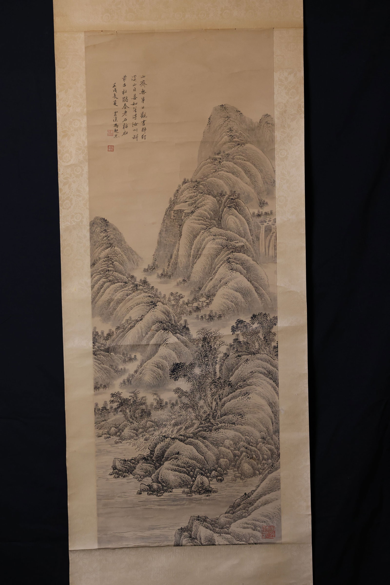 Feng Chaoran — Travelers Among Mountain Streams, Landscape Hanging Scroll: Original mounting with natural age-related yellowing of the paper; several creases present, but no major damage or losses. Seals are intact. Overall in fair to good condition. H 210cm W 73cm