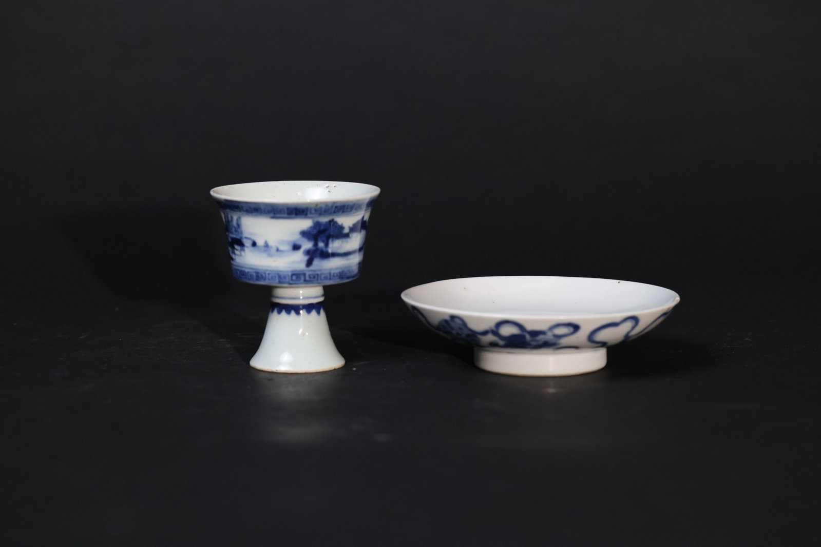 Pair of Late Qing Blue-and-White Porcelain: High-Footed Landscape Cup and Small Lion-and-Ball Dish (1 of 10)