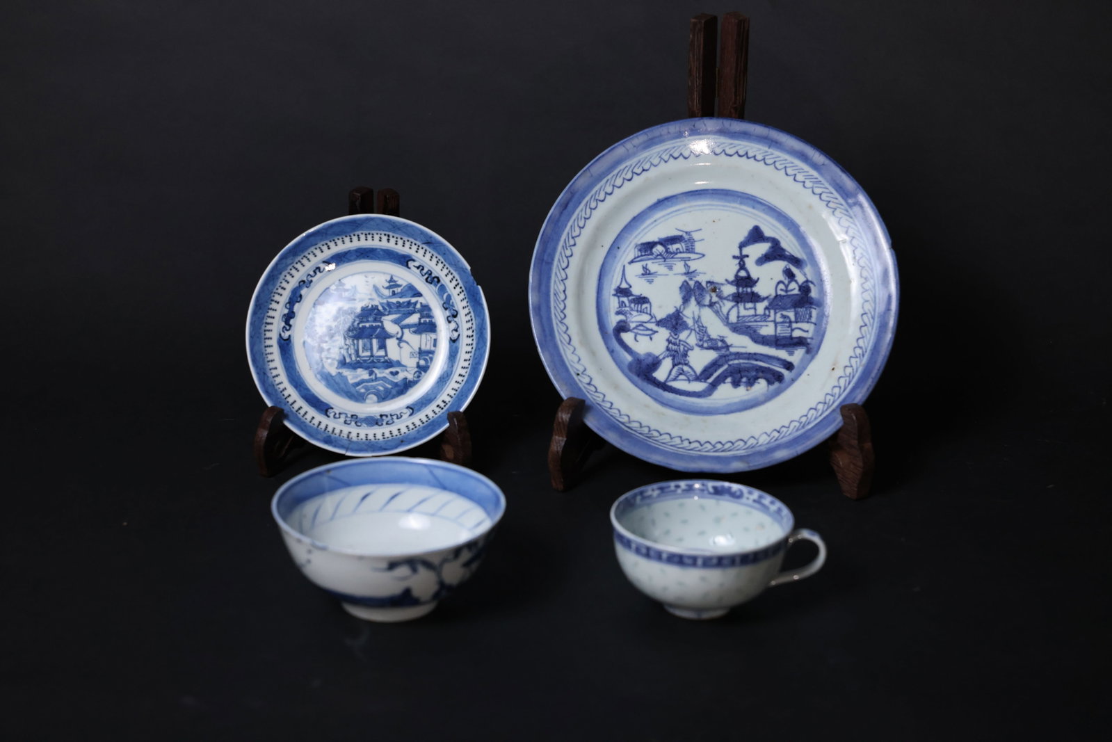Late Qing/Republic blue-and-white meiping; square scholar's waterdropper with landscape & figures: The small meiping vase is intact, with minor wear to the rim and foot consistent with age, and a few fine glaze lines. The square water dropper shows several old glaze lines and a small chip to the sp