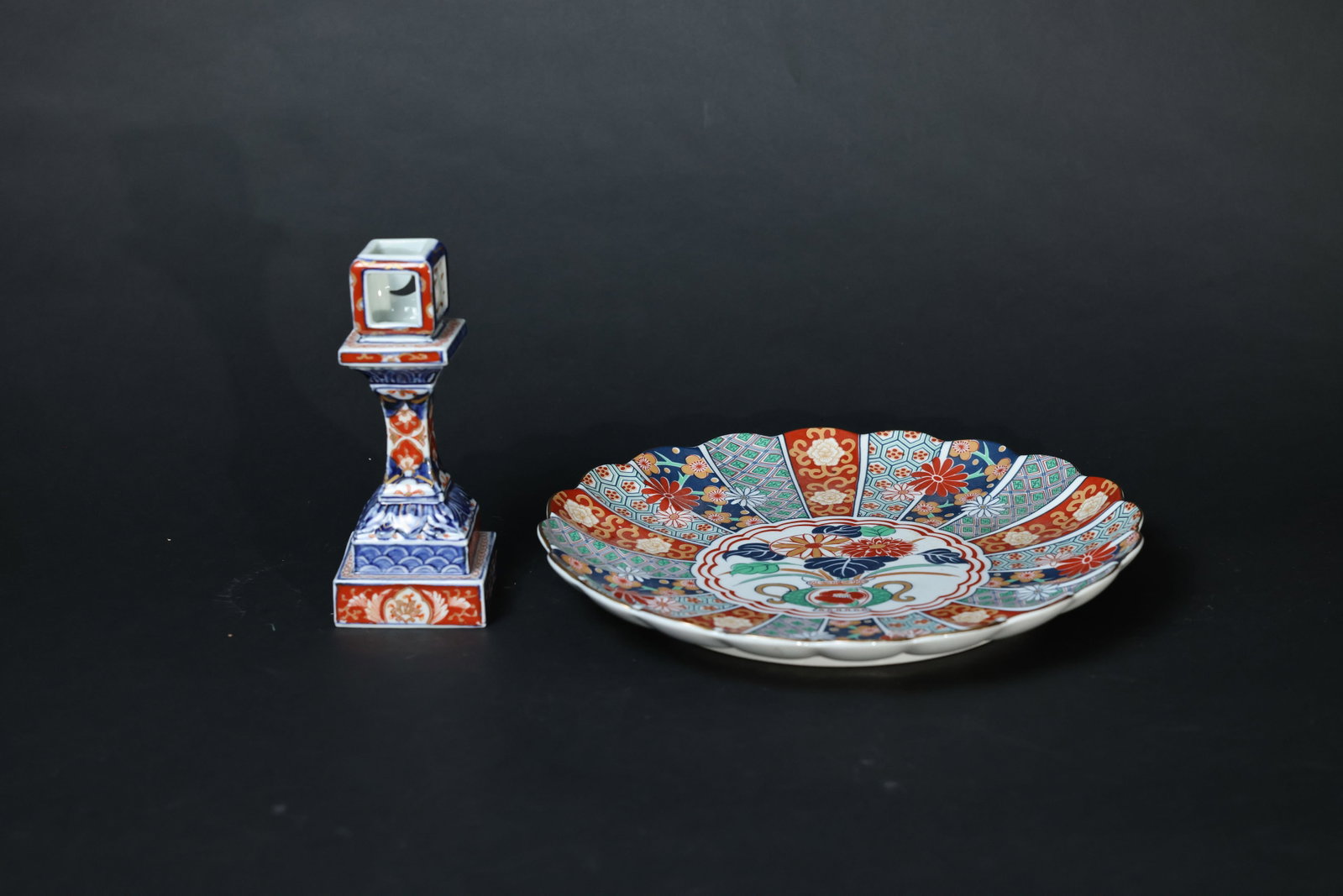 Japanese Arita Kinrande Gilt Chrysanthemum-Petal Charger and Square Openwork Candlestick