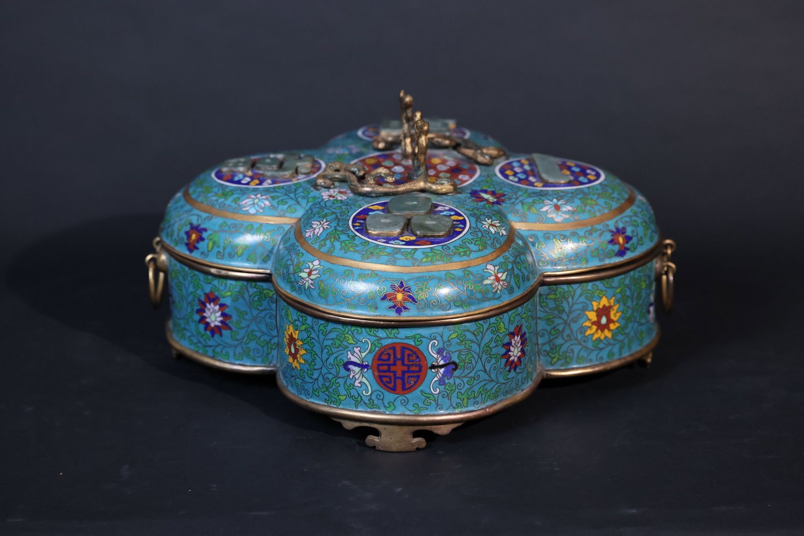 Republic of China Cloisonné on Copper Box, Four-Lobed Flower Form with Jade Inset (1 of 10)