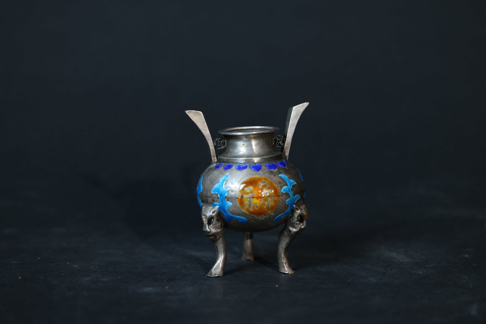 Republican Period silver heat-blued tripod censer with Fu, Lu, Shou: Overall intact. Minor wear and enamel loss to some areas of blue enamel. Natural patina and oxidation to the silver surface. No cracks or repairs. H 8.5cm W 5.5cm Weight: 61g