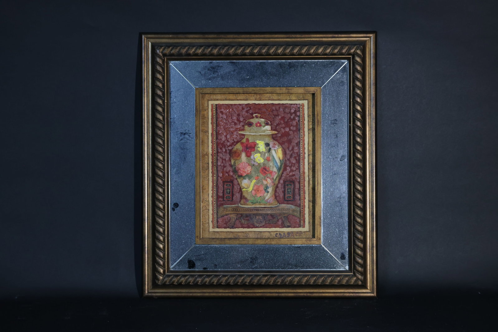 Oriental Floral Still Life with Porcelain Vase — Oil on Canvas: The canvas exhibits natural age-related craquelure with no tears or holes; the paint layer is stable. The frame is intact with minor gilt wear in places. The mirrored backing shows some old black spot