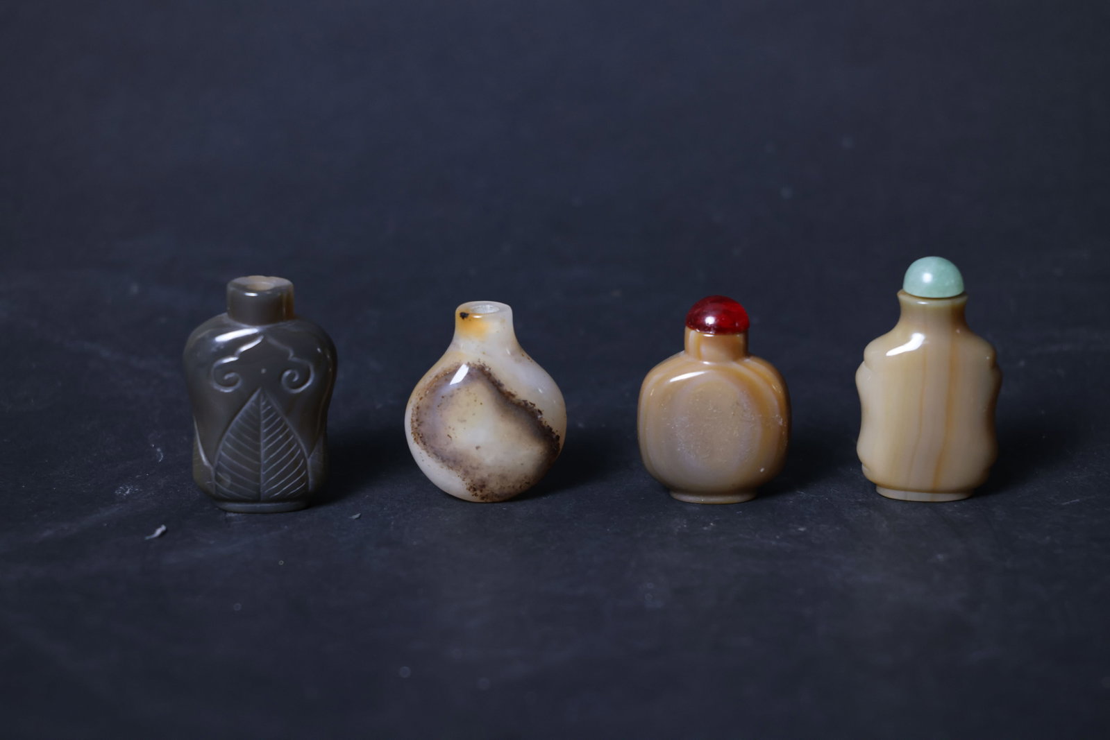 Set of Chinese Agate Snuff Bottles: Overall intact with no cracks or breaks; both pieces are missing covers; rim shows normal wear consistent with use; natural agate features inherent characteristics such as moss-like inclusions, bandin
