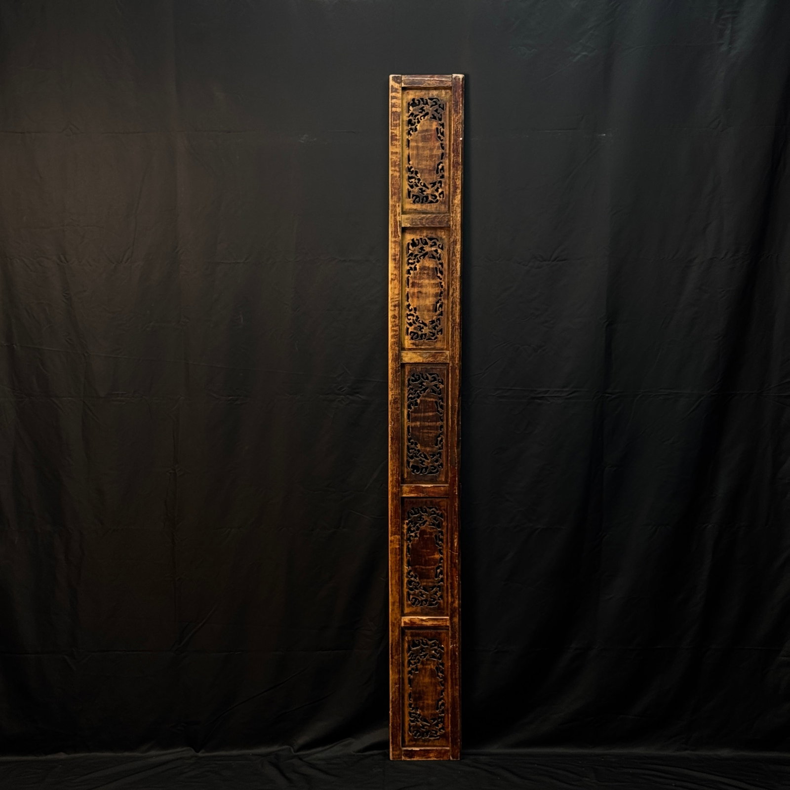 Qing Dynasty openwork carved wooden panel depicting a figural narrative scene: Original lacquer mostly worn, wood body naturally patinated and weathered; minor chips to some small carved elements, with age-related wear to openwork edges; wooden frame intact with no breaks,