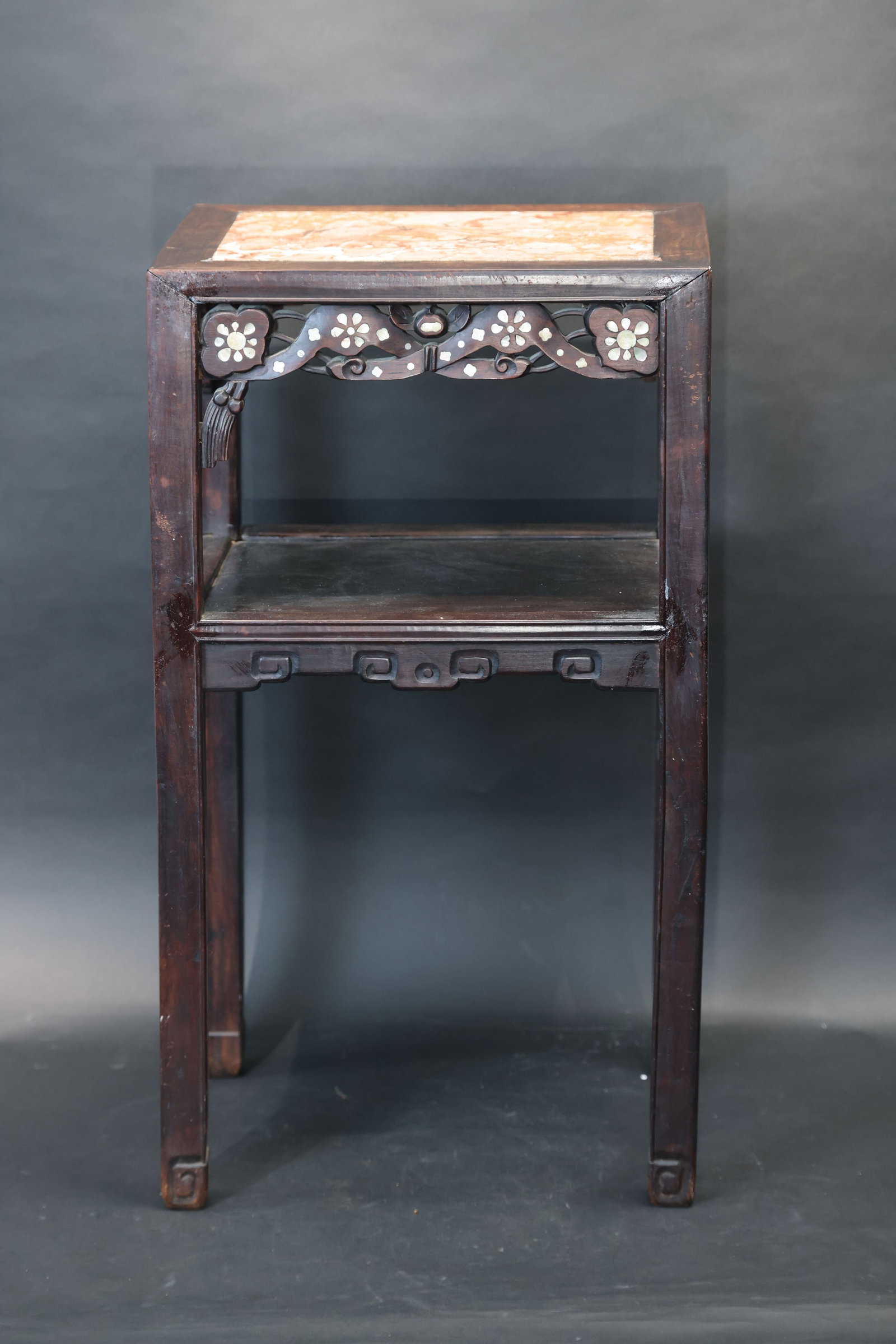 Rosewood Two-Tier Marble-Top Flower Stand Inlaid with Mother-of-Pearl: Overall intact; minor losses to small mother-of-pearl inlays, surface wear and minor knocks consistent with age, no significant cracks, structurally sound. H 79cm W 44.5cm