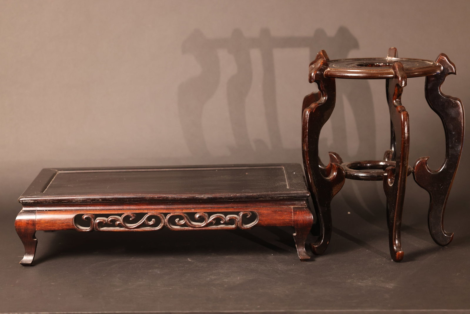 Pair of Antique Wooden Bases: Structurally sound and complete, with signs of use and minor wear to edges and corners; slight localized surface aging to the finish, no breaks or missing parts. H 15cm W 62cm