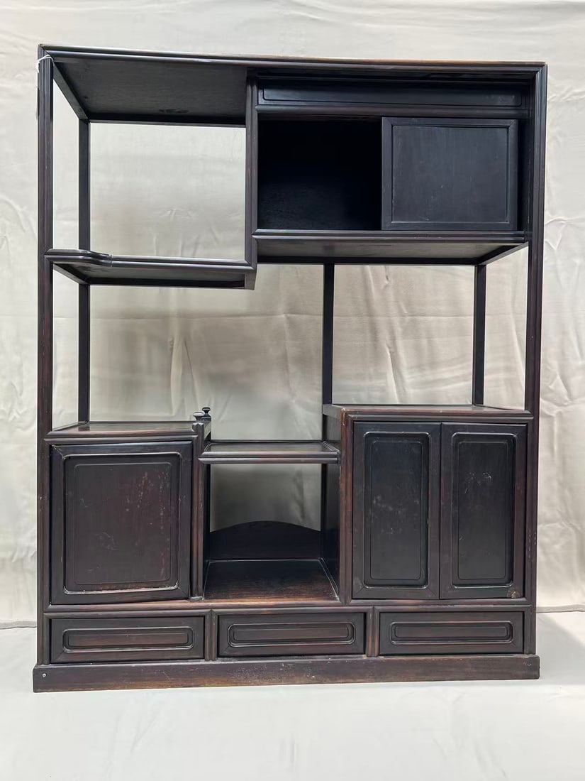 Antique Hardwood Duobao Ge Multi-Tier Scholar's Display Shelf: Structurally sound and complete, with surface wear and minor knocks consistent with long-term use; some edges and corners worn to the wood; no major cracks; drawers and cabinet doors open and close sm
