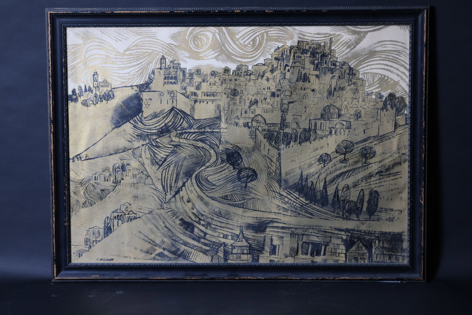 Panoramic View of Jerusalem: The painting is complete, with the linen showing natural age-related yellowing but no holes or tears. The paint shows no significant loss. The original frame has multiple areas of paint loss and wear 