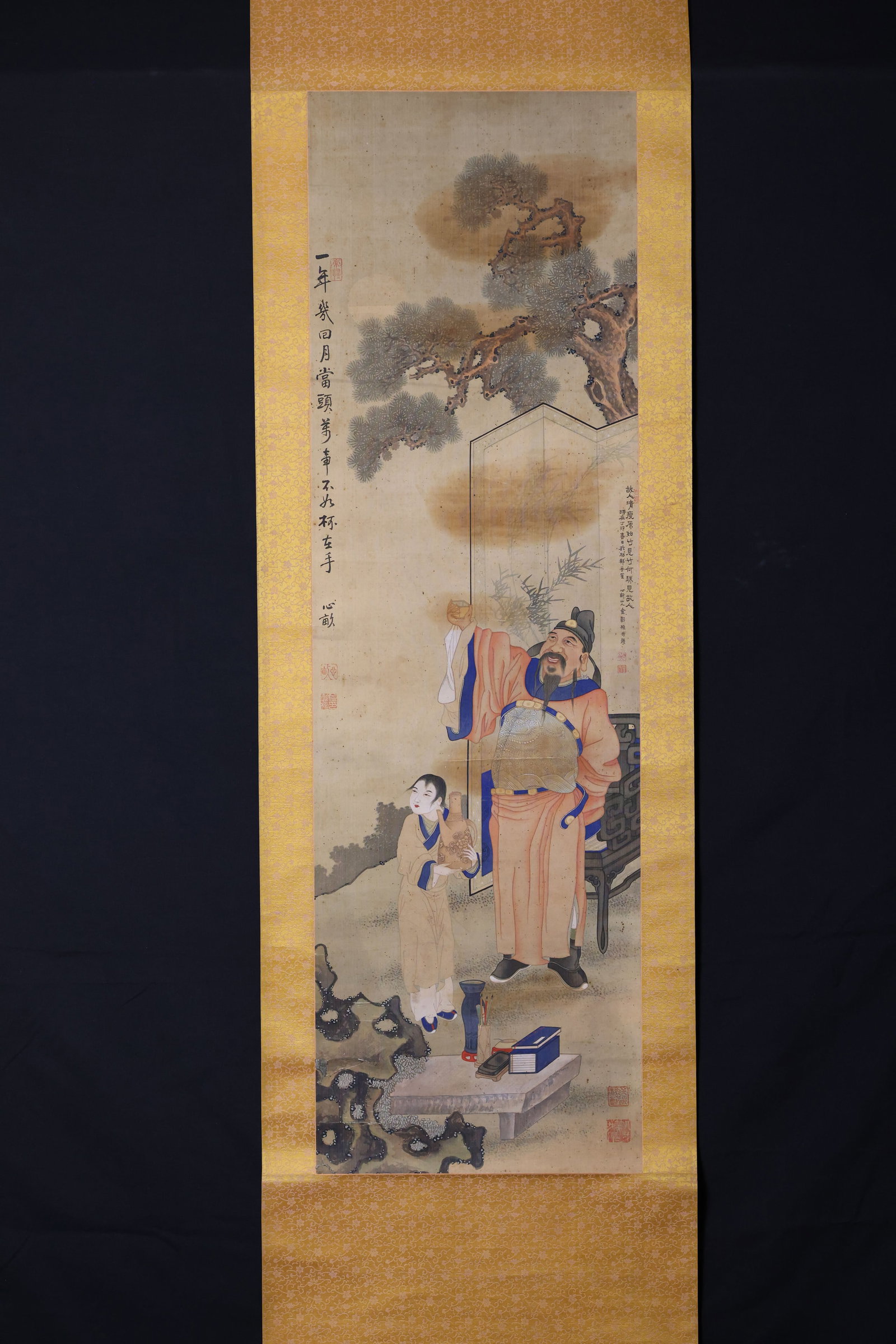 Pu Xinyu (Pu Hsin-yu) — "Figure Raising a Cup", Hanging Scroll: Silk has naturally aged and yellowed, with some old spots present. Mounting is intact. Minor creases in areas of the silk, but no major damage or losses. Figure painting in meticulous gongbi style on 