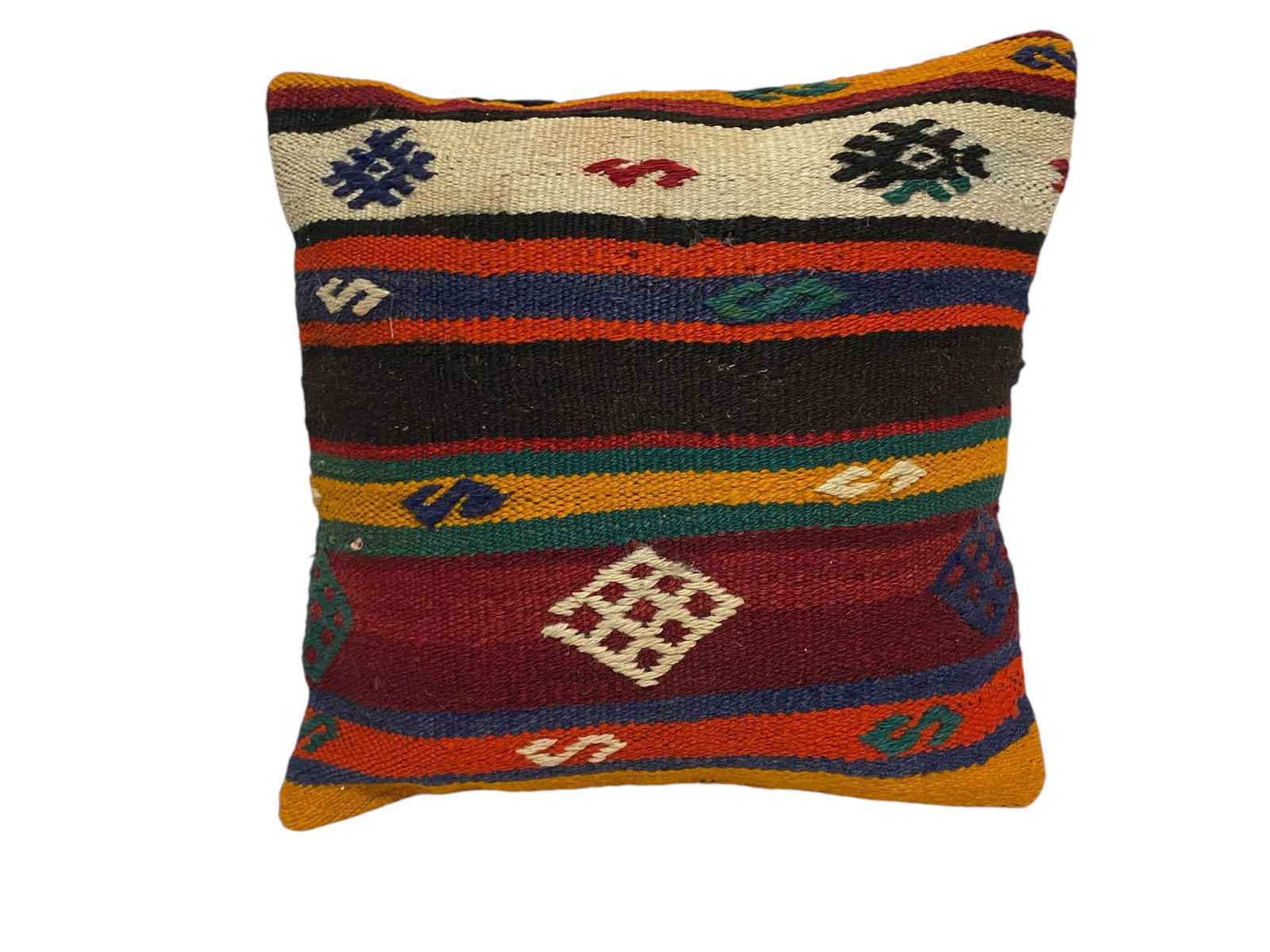 Anatolian Kilim Pillow Cover 16x16in Handmade Organic Wool With Zipper: This is a unique richly decorated and Hand Knotted Usak Kilim Pillow designed and made in 1960's, Turkey.• The pillow is 16 x 16 Inches.• Very bright and strong colours.• Entirely hand-