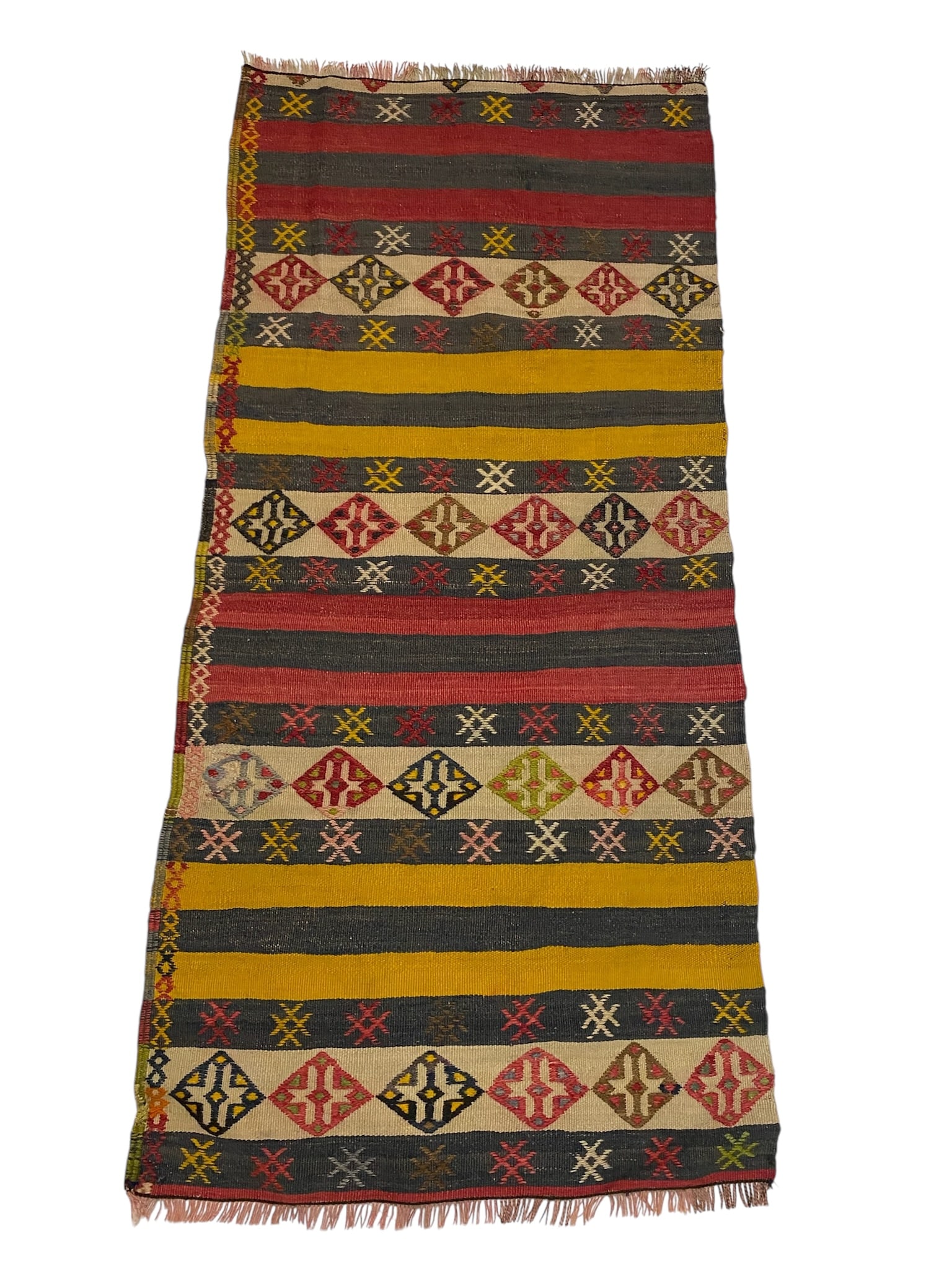 Semi-Antique Hand Knotted Turkish Anatolian Kilim Wool Rug 4 ft. 9 in. x 2 ft. 7 in.: • This is a unique Turkish Usak Kilim made in 1940's to 1950's.• The piece has a rare pattern in comparison to later pieces.• Piece is professionally appraised by Online Appraisal Platf