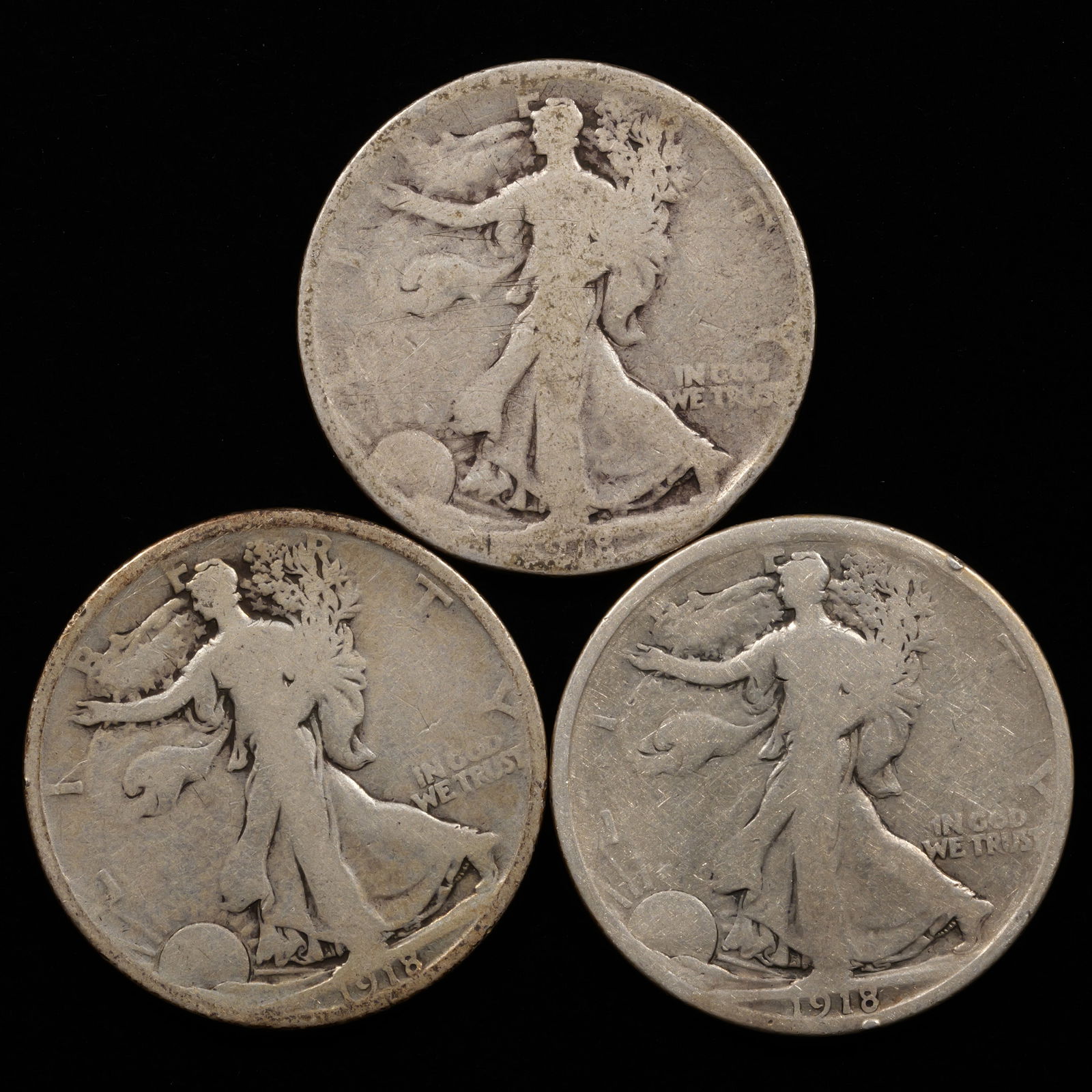 (3 Coins) 1918 P,D,S Walking Liberty Silver Half Dollars 50c *KEY DATES* (1 of 2)