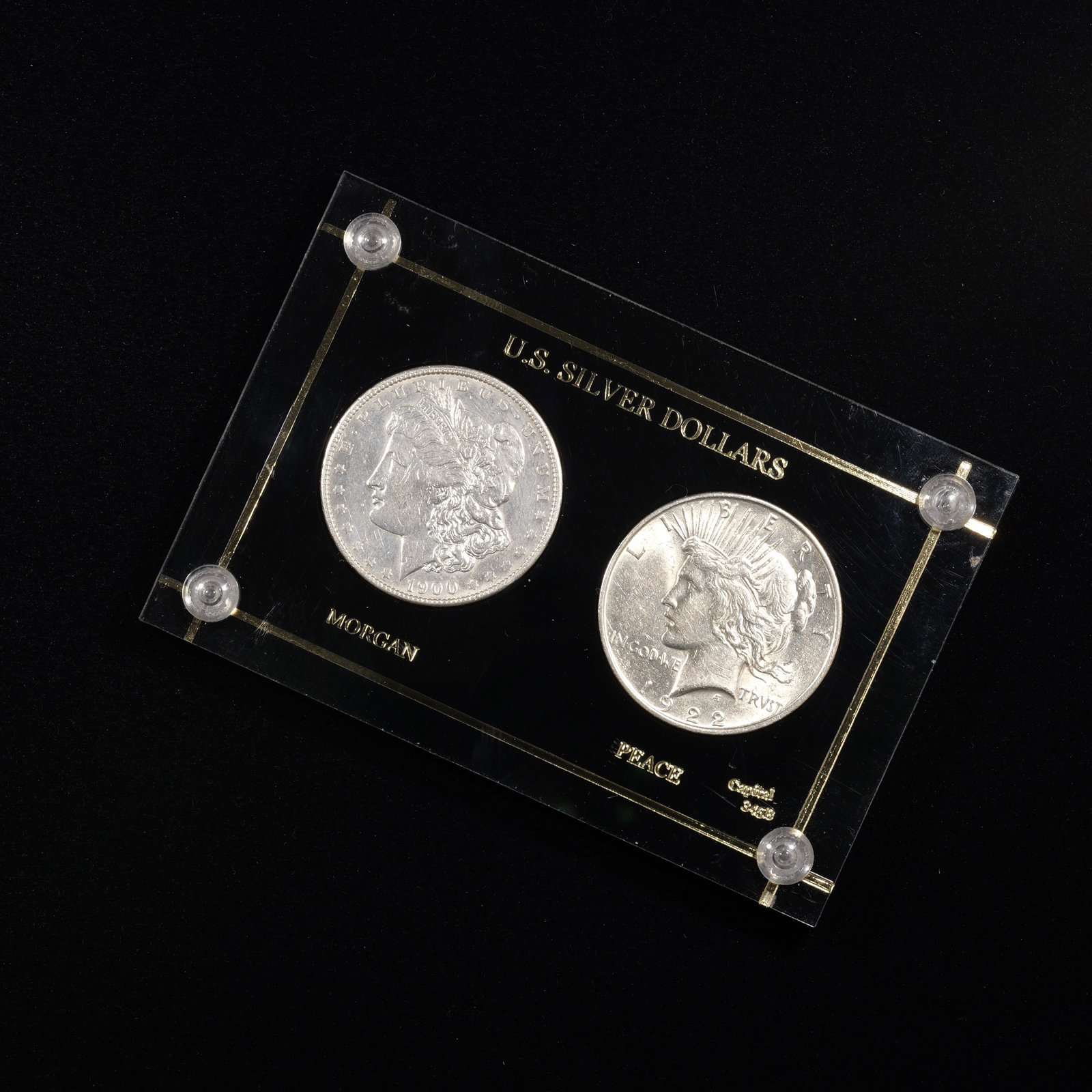 Capital 'US Silver Dollars' Holder w/ 1900 Morgan Dollar and 1922 Peace Dollar (1 of 2)