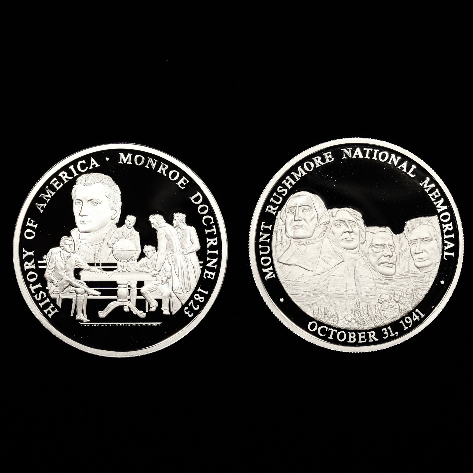 Two 1oz .999 Silver Rounds - History of America Series: Deep Cameo Proofs - Monroe Doctrine - Mount Rushmore