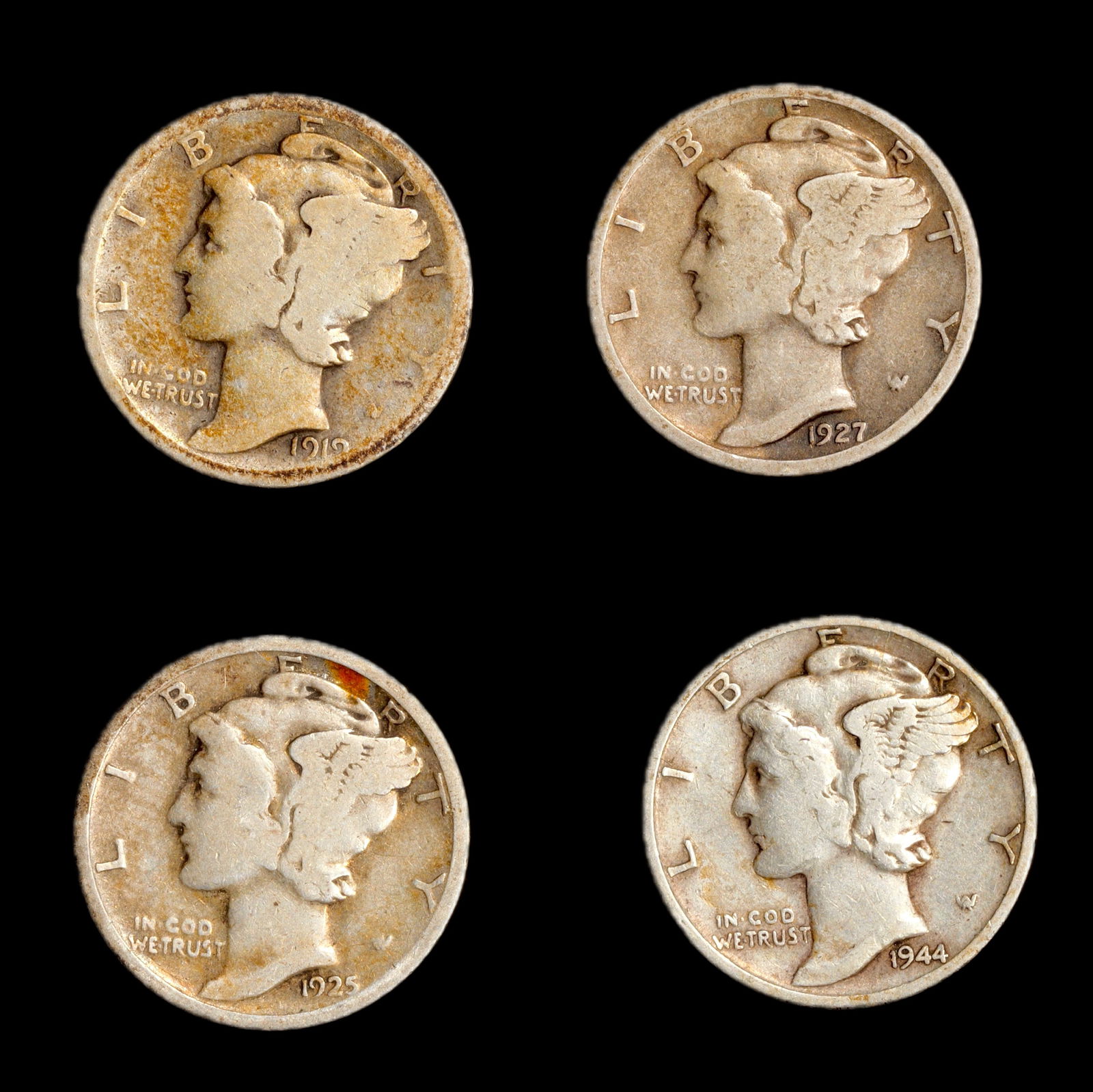 Four Mercury Silver Dimes Mixed Dates  - 10c - Circulated - Nicely toned (1 of 2)