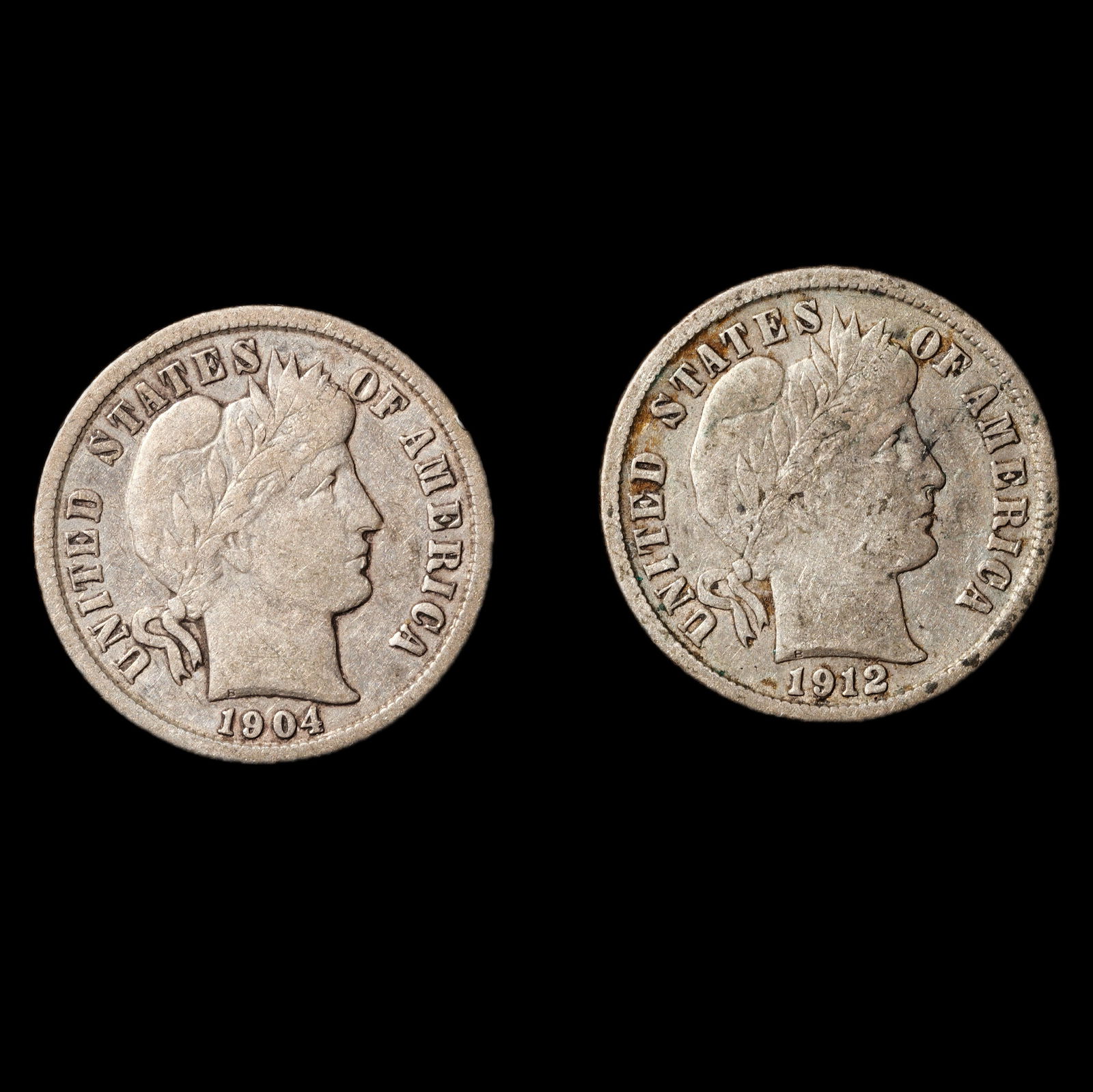 1904 and 1912-D Barber Silver Dimes - 10c - Very Fine (1 of 2)
