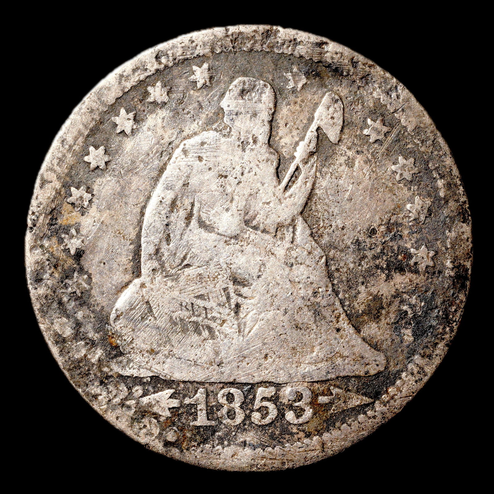 1853 Seated Liberty Quarter w/ Arrows and Rays - 25c - Heavily Circulated (1 of 2)