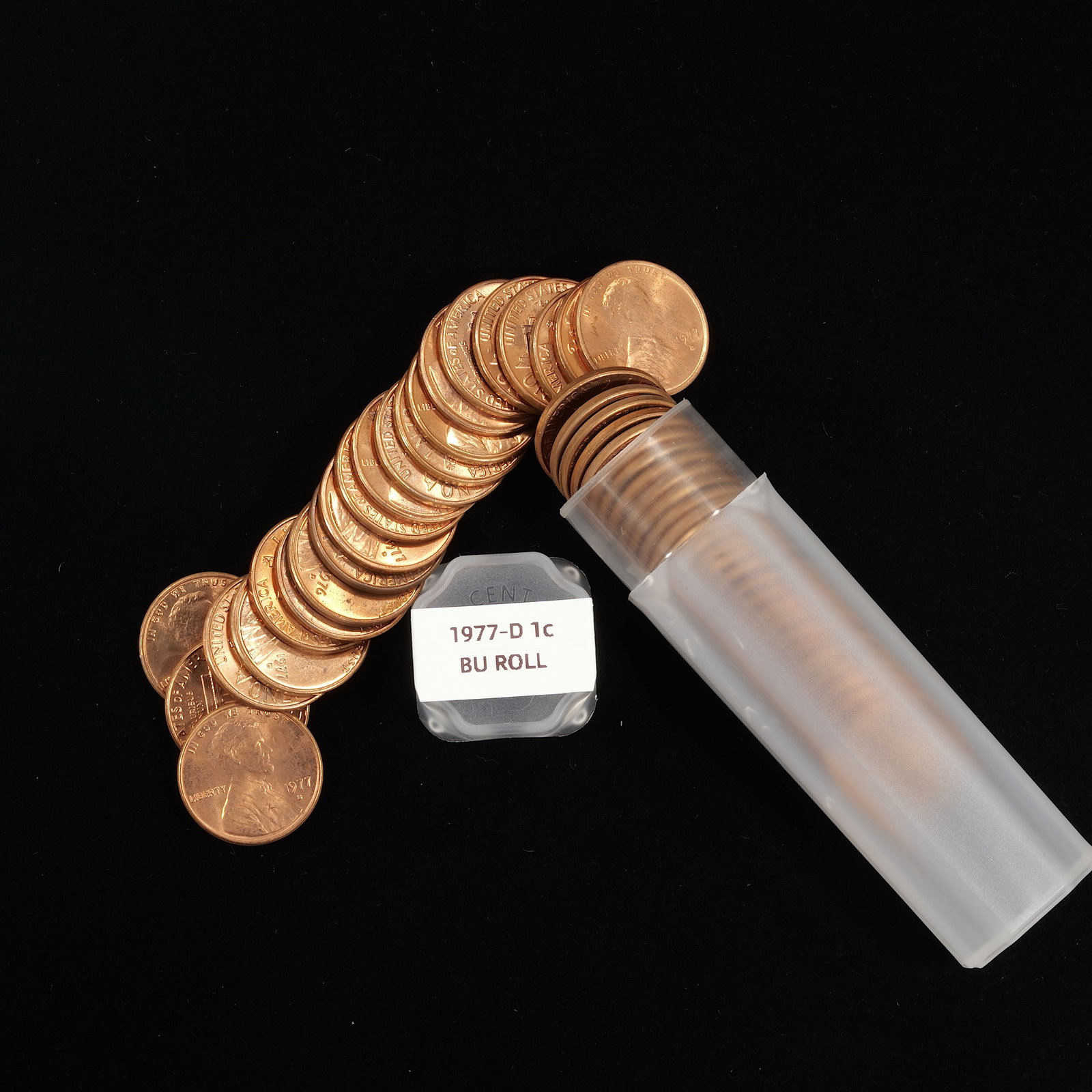 Full Unc Roll of 1977-D Lincoln Memorial Cents in Tube: This roll is unsearched by us, we received the roll, labeled and photographed it for you! For reference the 1977-D Lincoln Memorial Cent in MS66 estimated value trends $60, MS67 trends $225, and MS68 