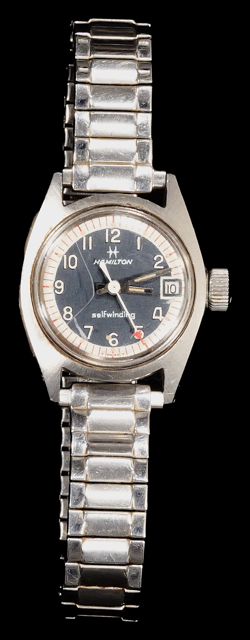 Hamilton Black Face Self-Winding Wristwatch: Band is not original, light scratch in crystal (see photos), runs great but accuracy not tested.