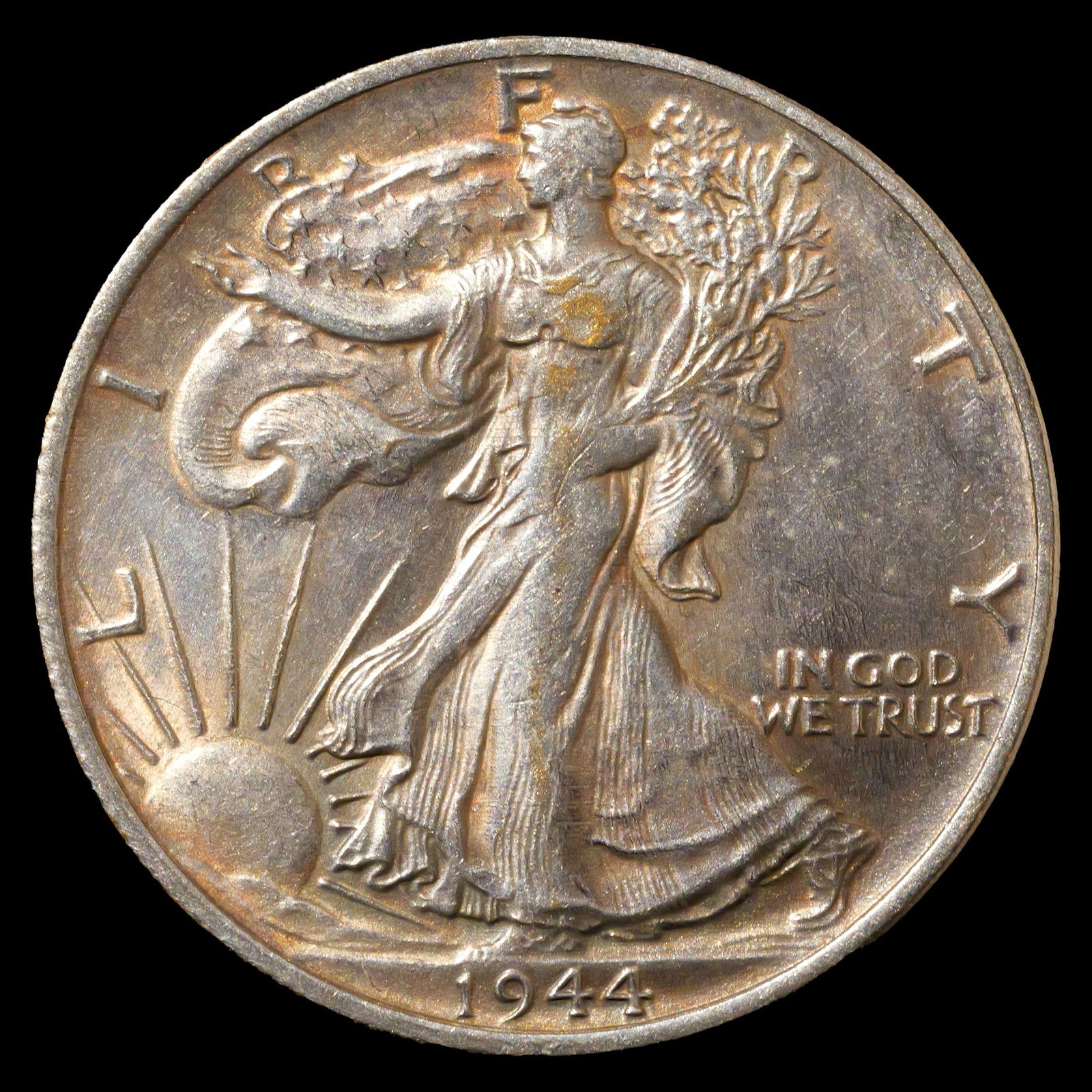 *0.362 oz ASW* 1944-D Walking Liberty Silver Half Dollar - 50c - About Uncirculated - Copper Toning (1 of 2)