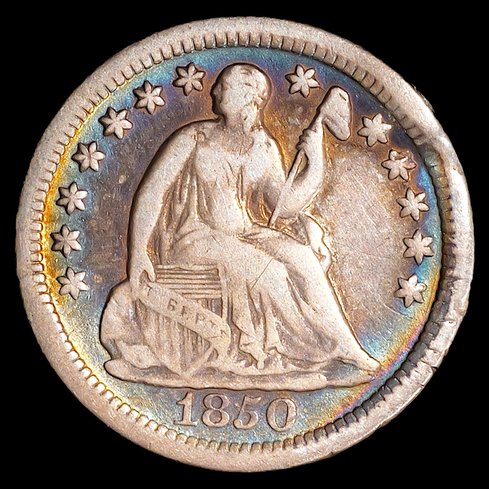 1850-O Seated Liberty Half Dime - Extra Fine+ *Rainbow Toned*: Bent rim Low Estimate: 250.00 High Estimate: 300.00
