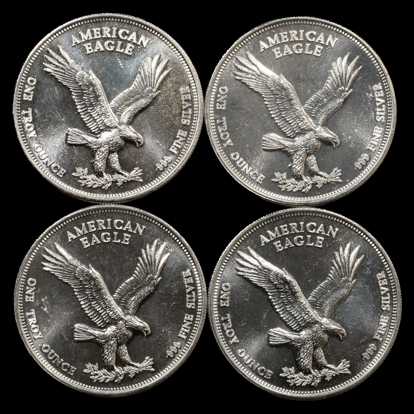 (4) *1 oz ASW* Vintage Silver Trade Unit Rounds: 1 oz Troy .999 Low Estimate: 10 High Estimate: 10000