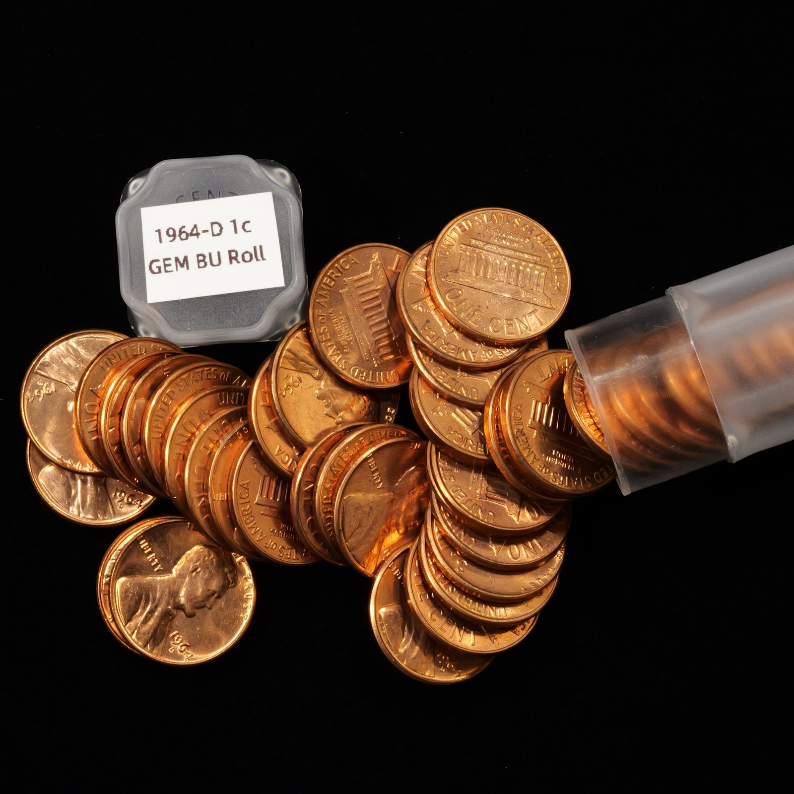 Tube of 1964-D Lincoln Memorial Cents - 1c - CH BU: Comes in 1c tube Low Estimate: 10 High Estimate: 10000