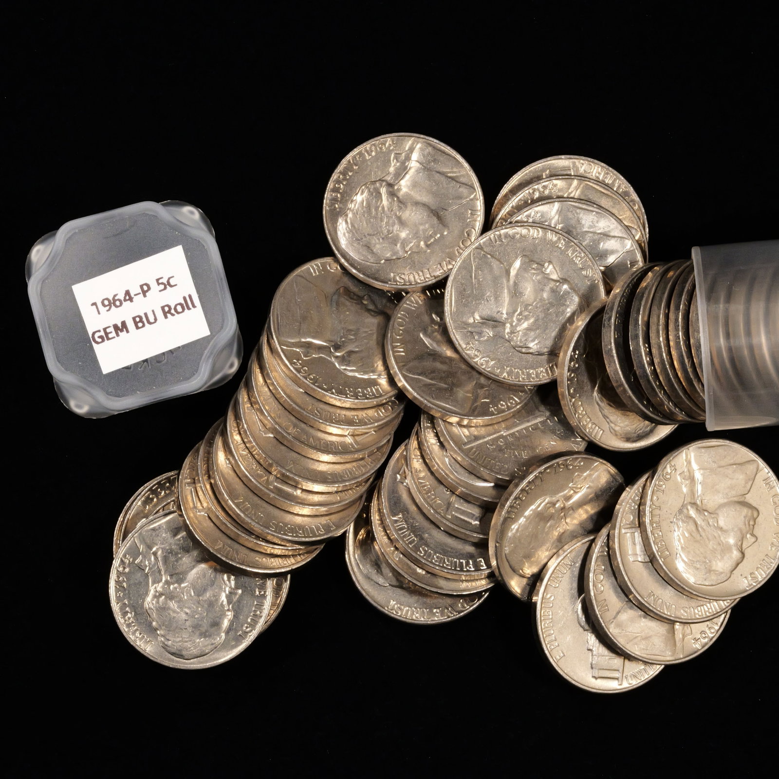 Tube of 1964 Jefferson Nickels - 5c - CH BU: Comes in 5c tube Low Estimate: 10 High Estimate: 10000