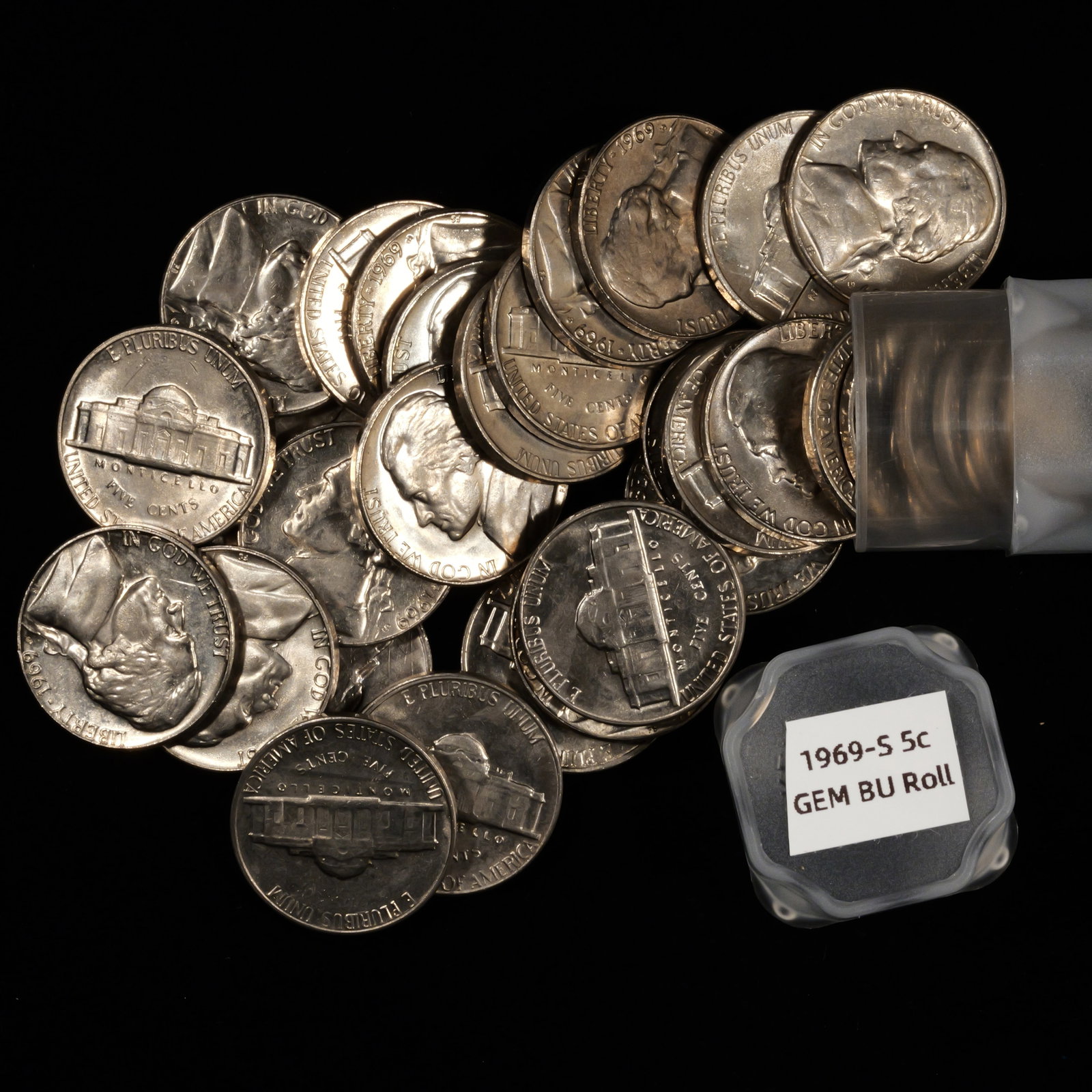 Tube of 1969-S Jefferson Nickels - 5c - CH BU: Comes in 5c tube Low Estimate: 10 High Estimate: 10000