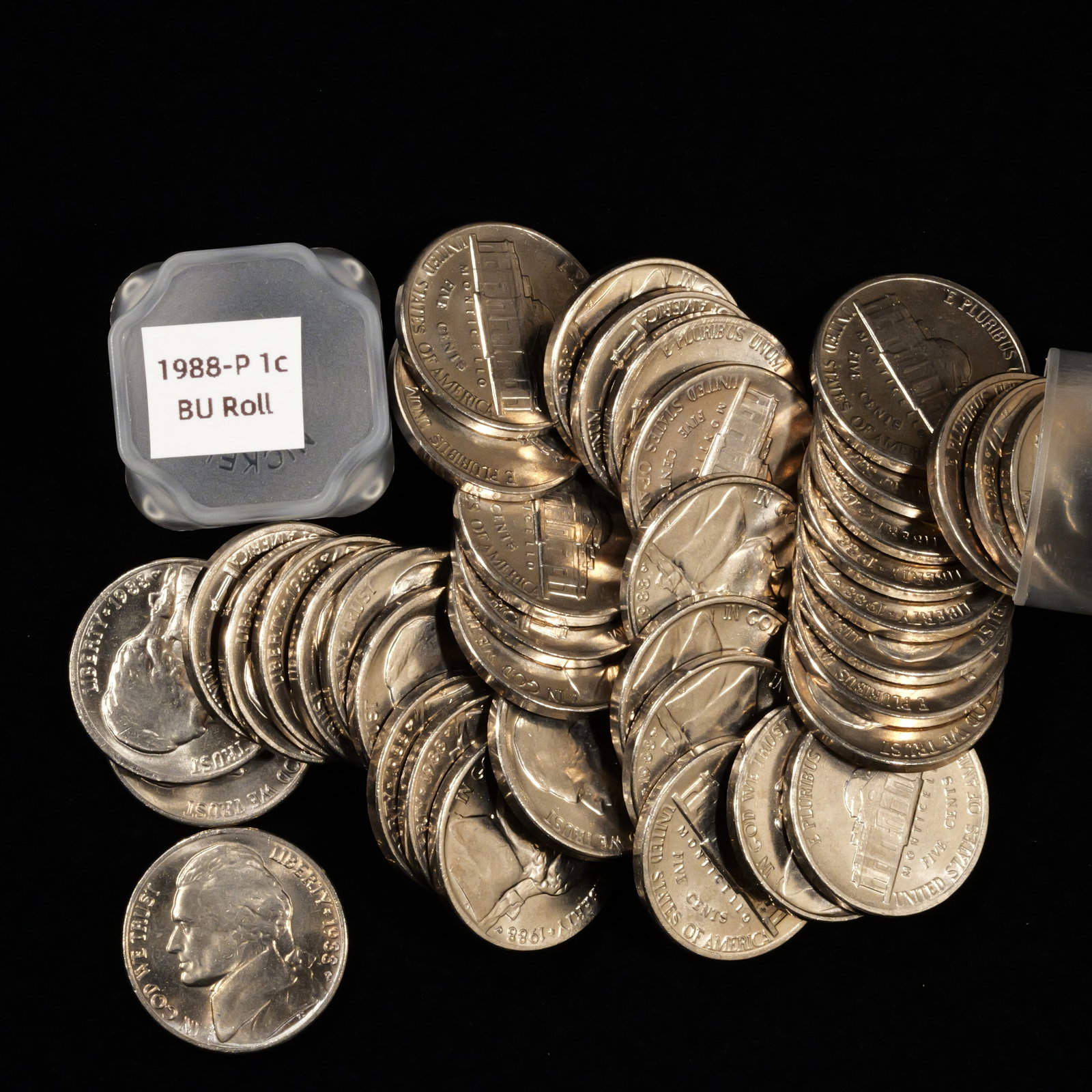Tube of 1988-P Jefferson Nickels - 5c - CH BU: Comes in 5c tube Low Estimate: 10 High Estimate: 10000