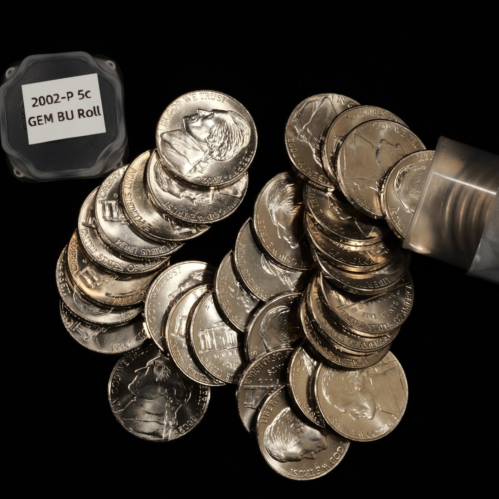 Tube of 2002-P Jefferson Nickels - 5c - CH BU: Comes in 5c tube Low Estimate: 10 High Estimate: 10000
