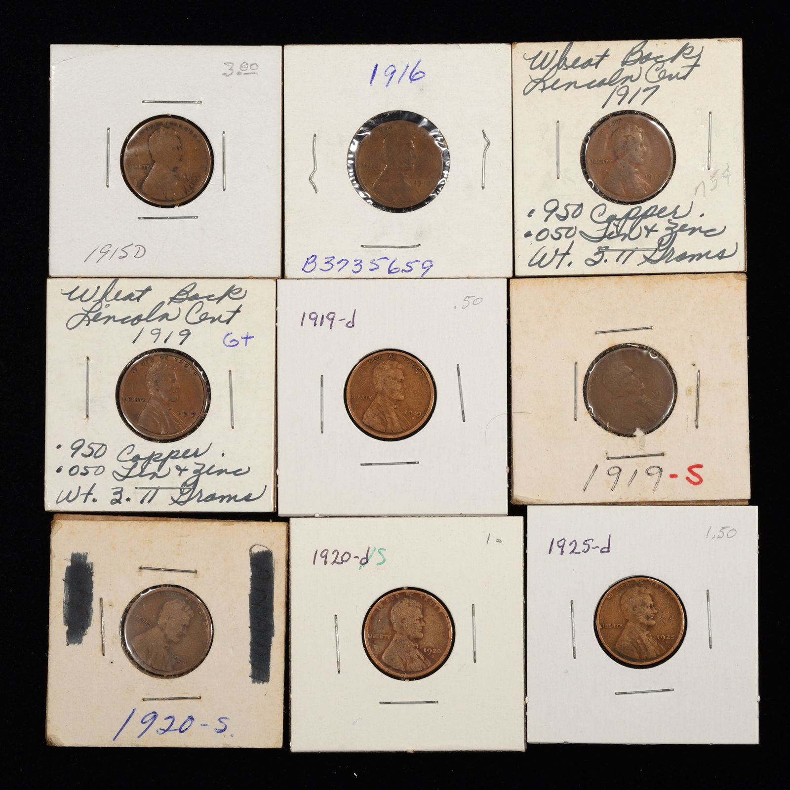 (9) Early and Low Mintage Date Lincoln Wheat Cents From Collection (Carded) - 1c (1 of 2)
