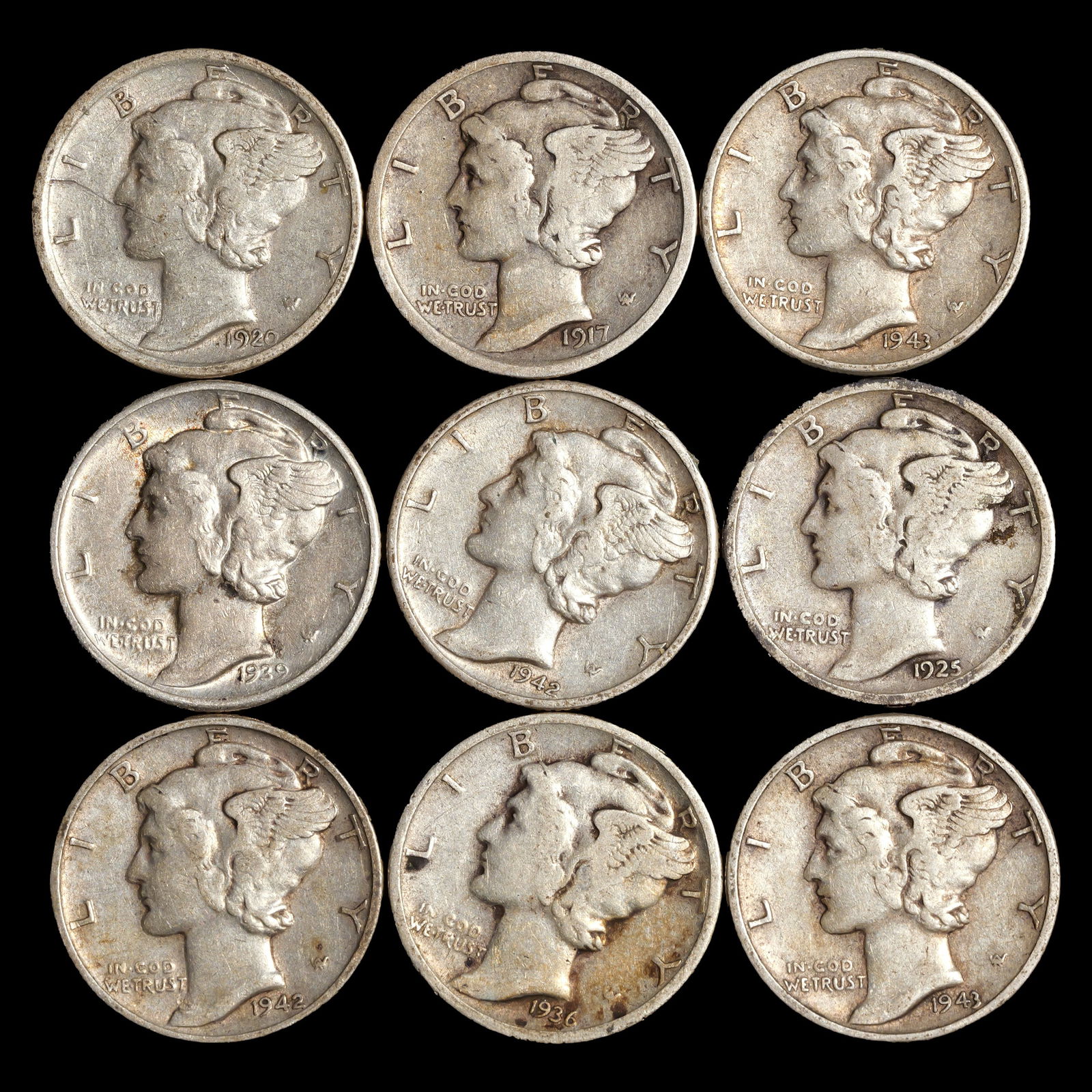 *0.65076 oz ASW*(9) Better Date/Grade Mixed Mercury Dimes - 10c (1 of 2)